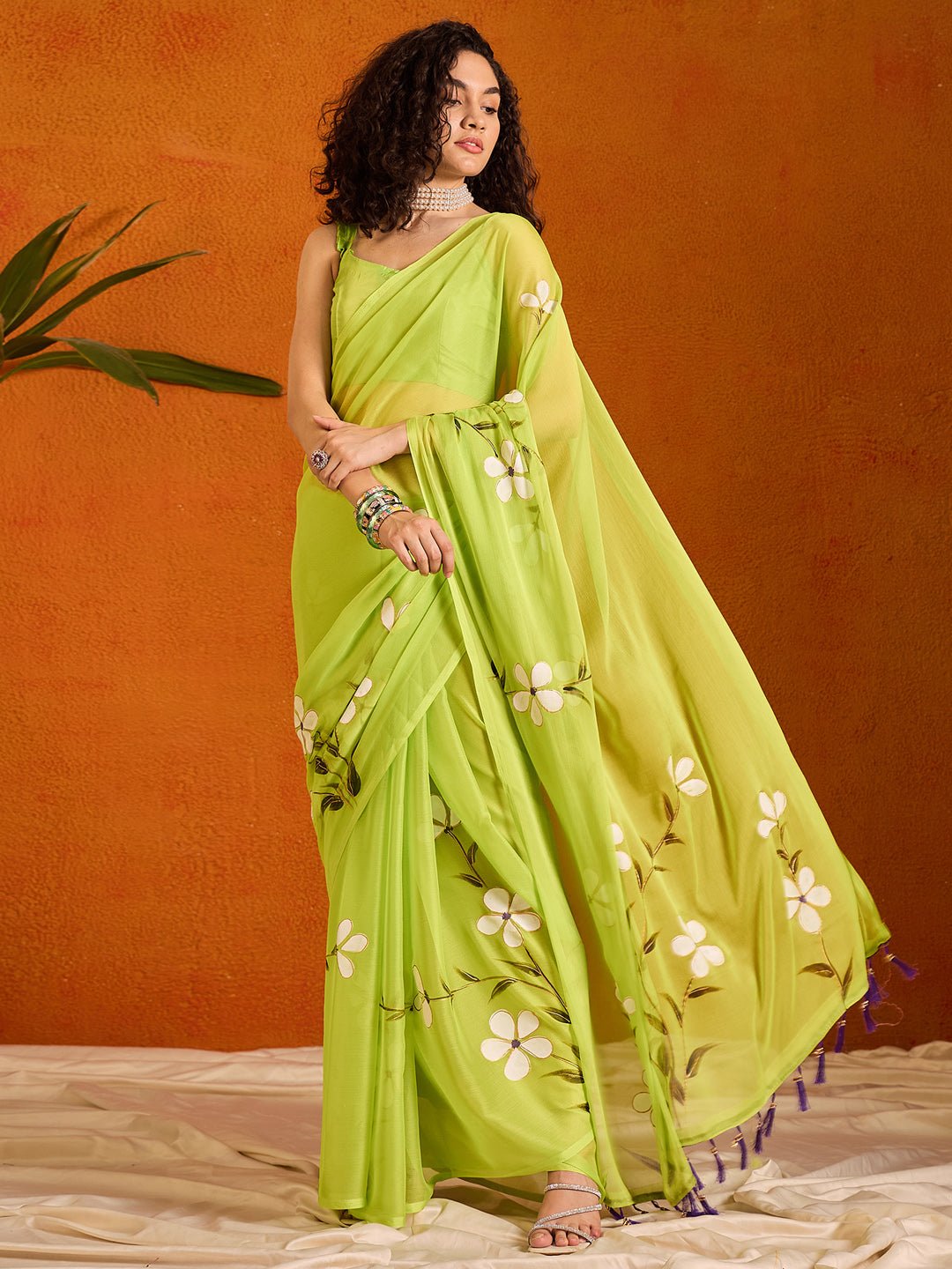 Lime Green Hand-Painted Saree - Ressa