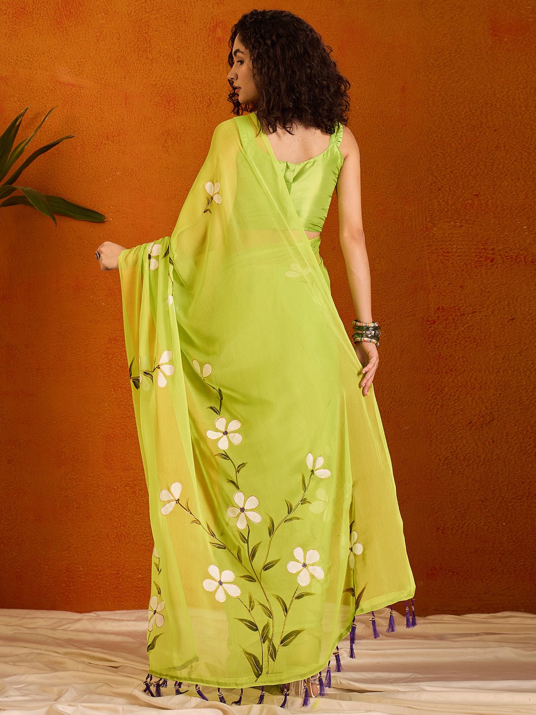 Lime Green Hand-Painted Saree - Ressa