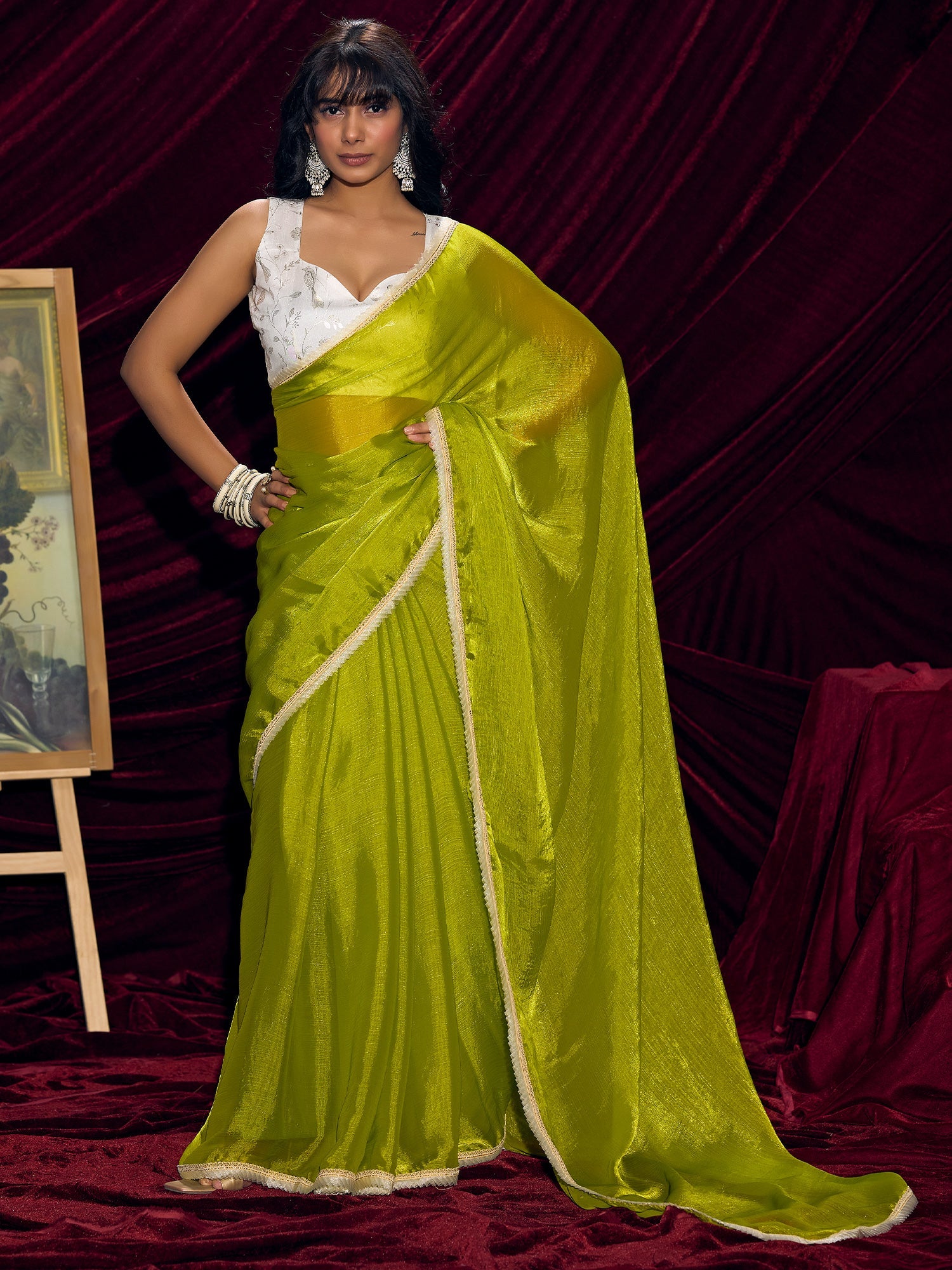 Lime Green Organza Saree with Embroidered Blouse - Ressa