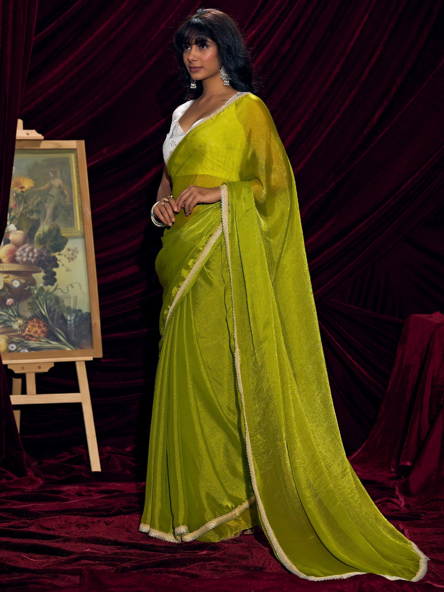 Lime Green Organza Saree with Embroidered Blouse - Ressa