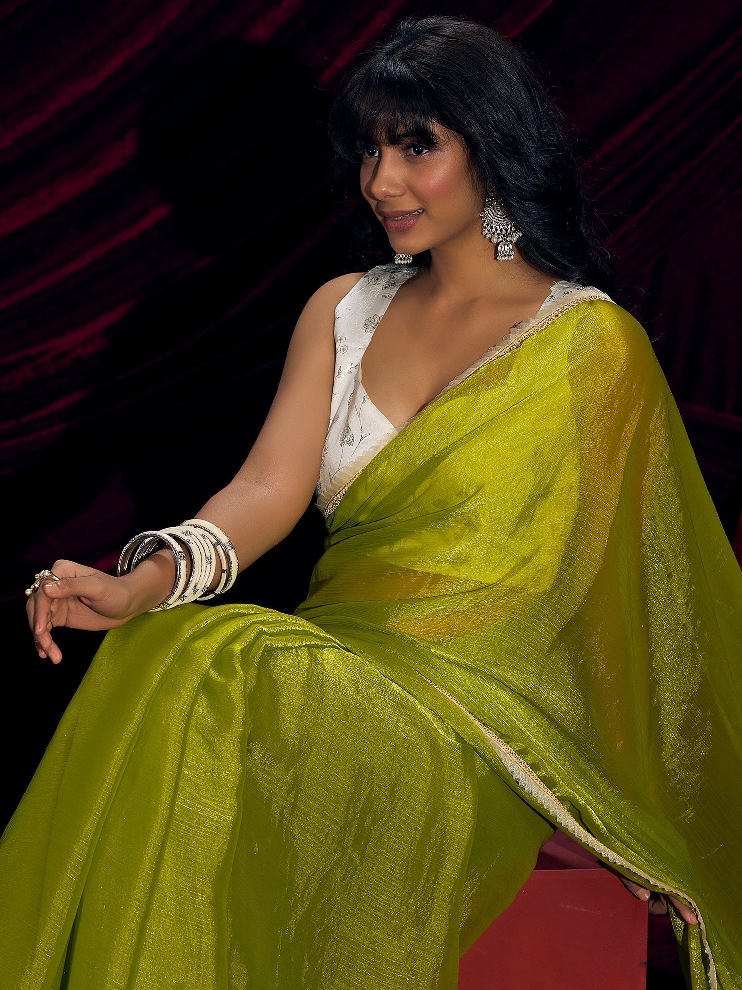 Lime Green Organza Saree with Embroidered Blouse - Ressa