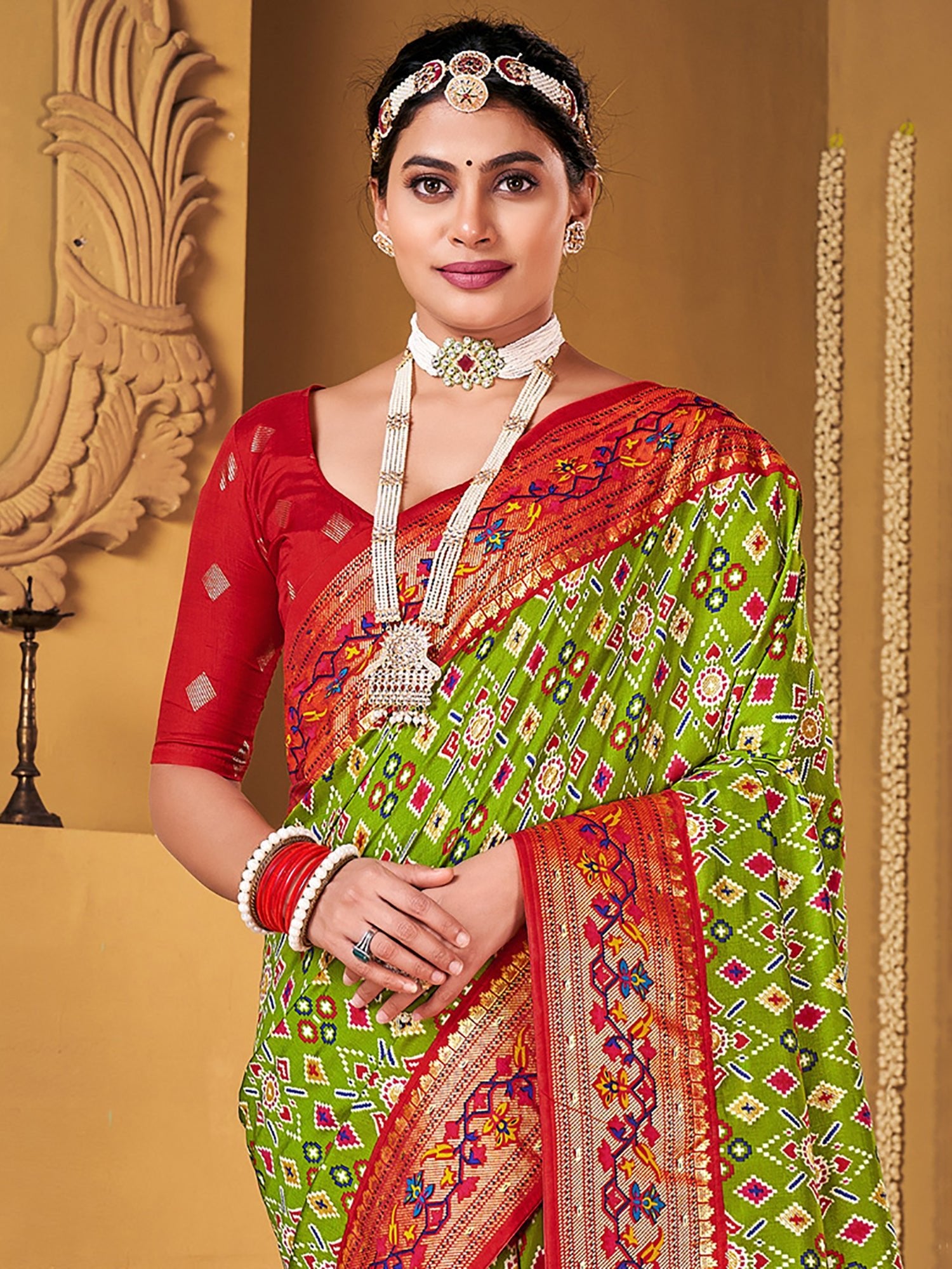 Lime Green & Red Silk Blend Patola Woven Design Gold Zari Border Heritage Motifs Saree - Ressa