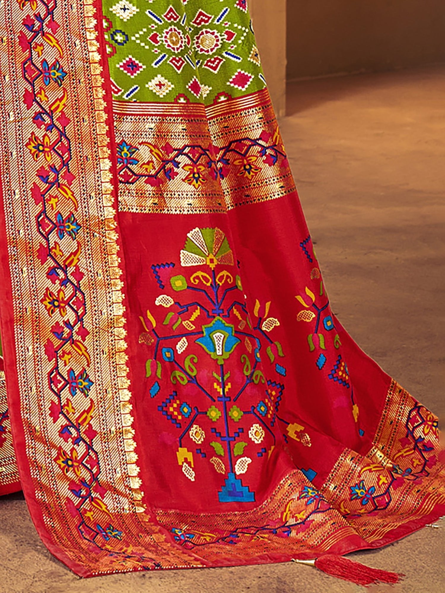 Lime Green & Red Silk Blend Patola Woven Design Gold Zari Border Heritage Motifs Saree - Ressa