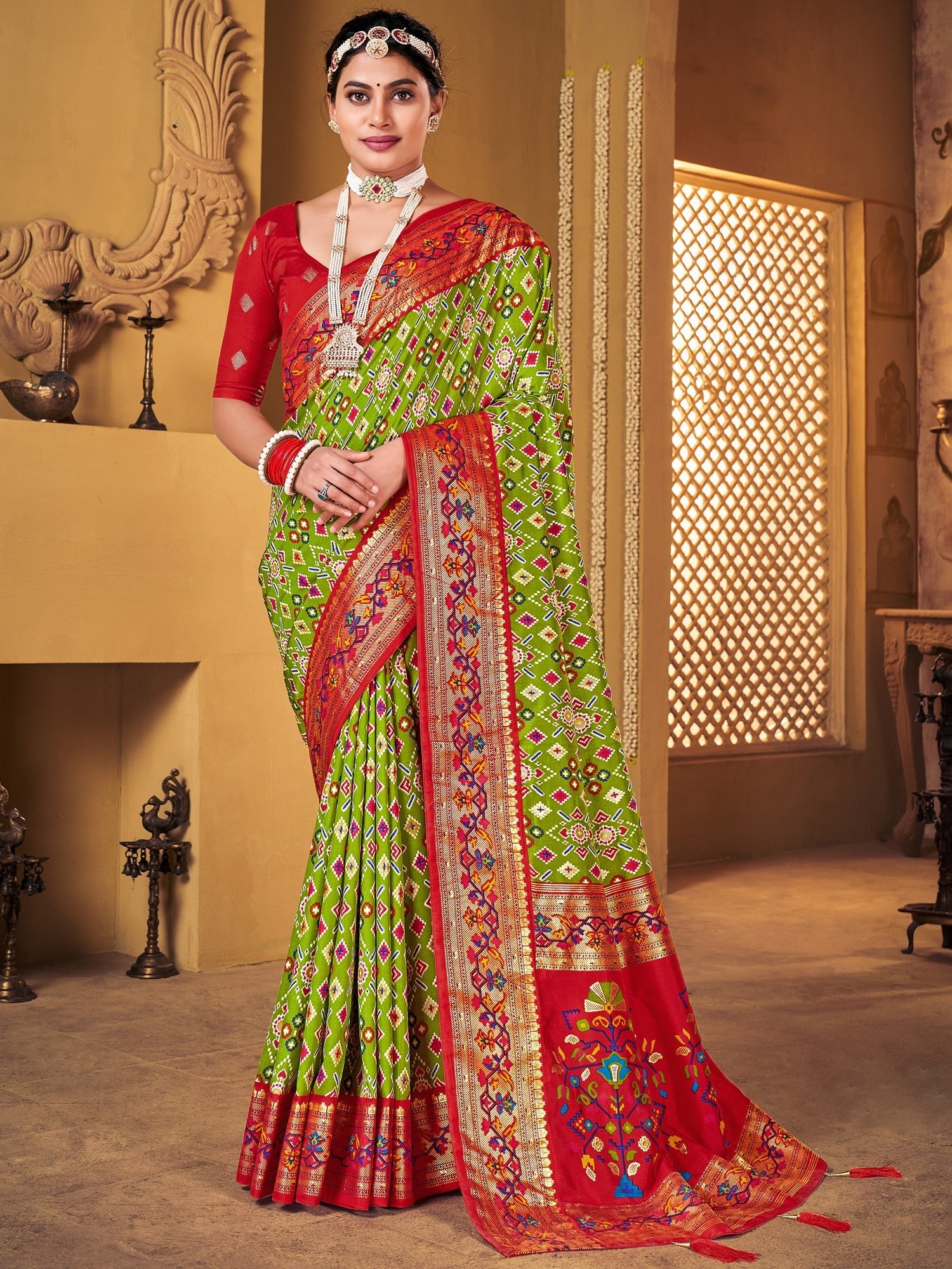 Lime Green & Red Silk Blend Patola Woven Design Gold Zari Border Heritage Motifs Saree - Ressa