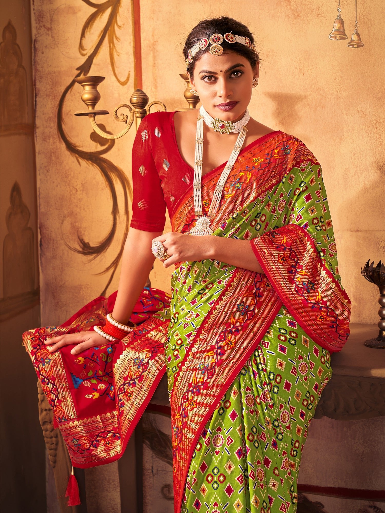 Lime Green & Red Silk Blend Patola Woven Design Gold Zari Border Heritage Motifs Saree - Ressa