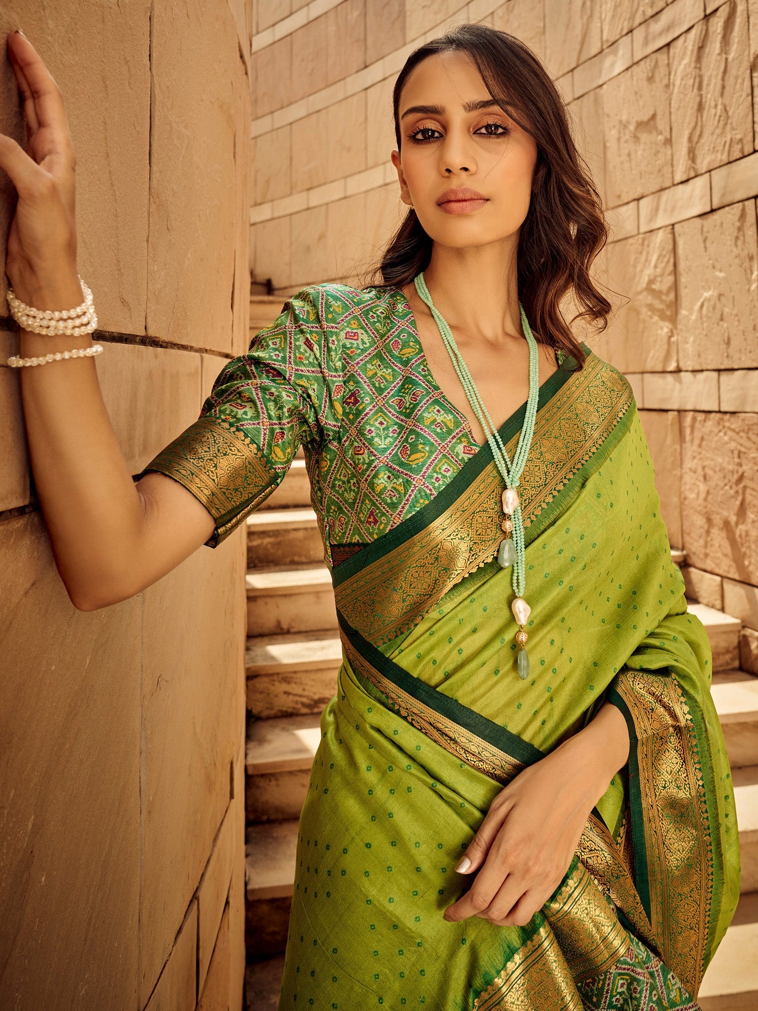 Lime Green Silk Blend Bandhani Saree - Ressa