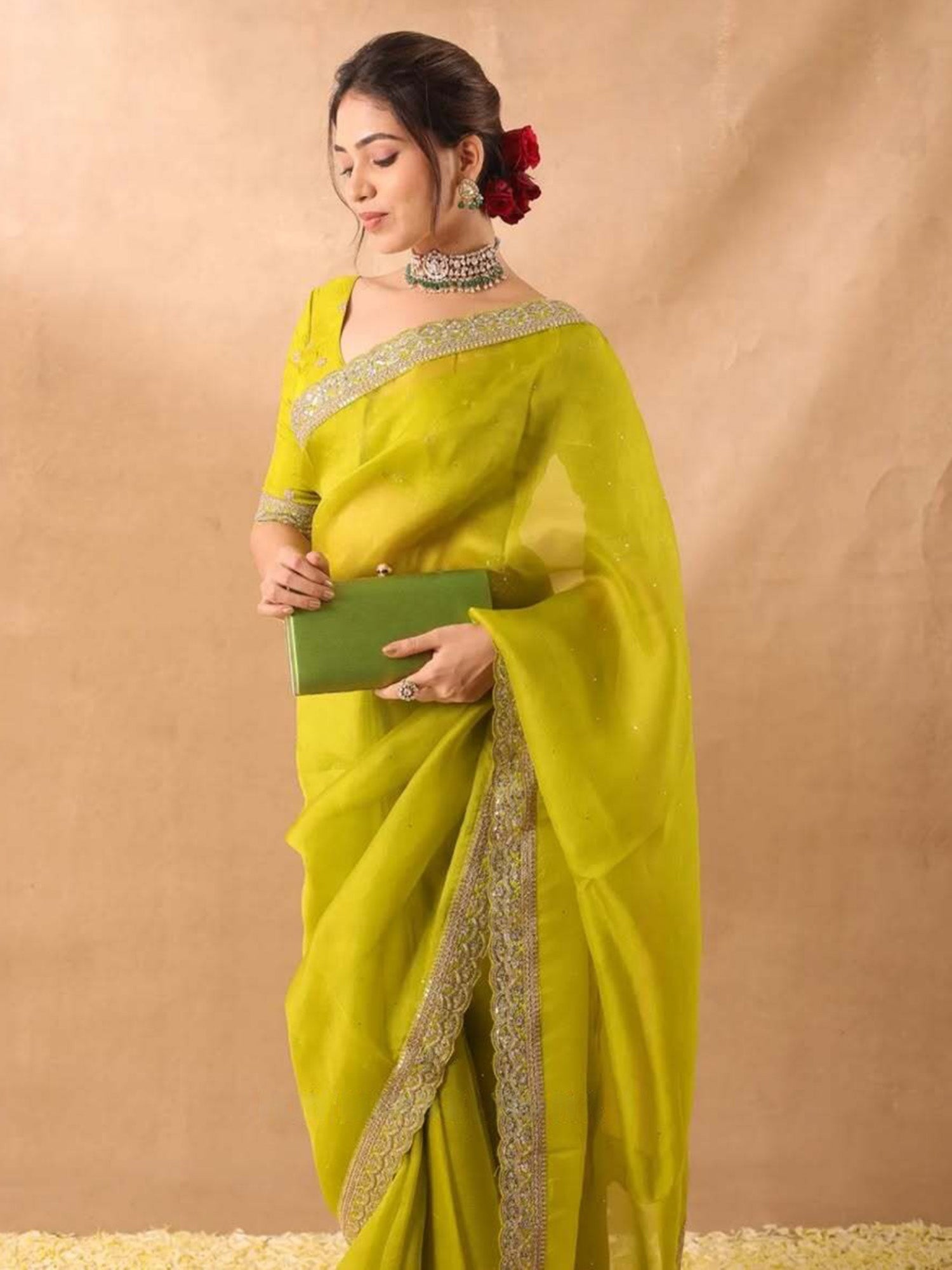 Lime Organza Saree with Gold Embroidered Border - Ressa