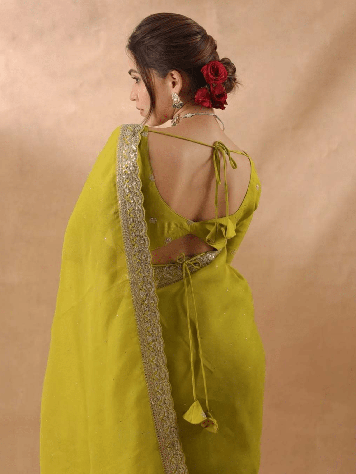 Lime Organza Saree with Gold Embroidered Border - Ressa