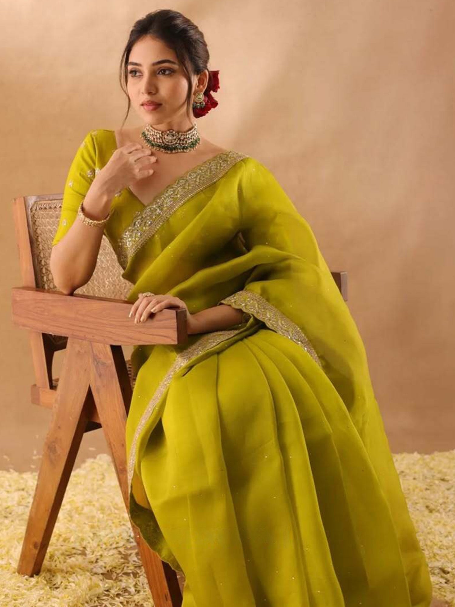 Lime Organza Saree with Gold Embroidered Border - Ressa