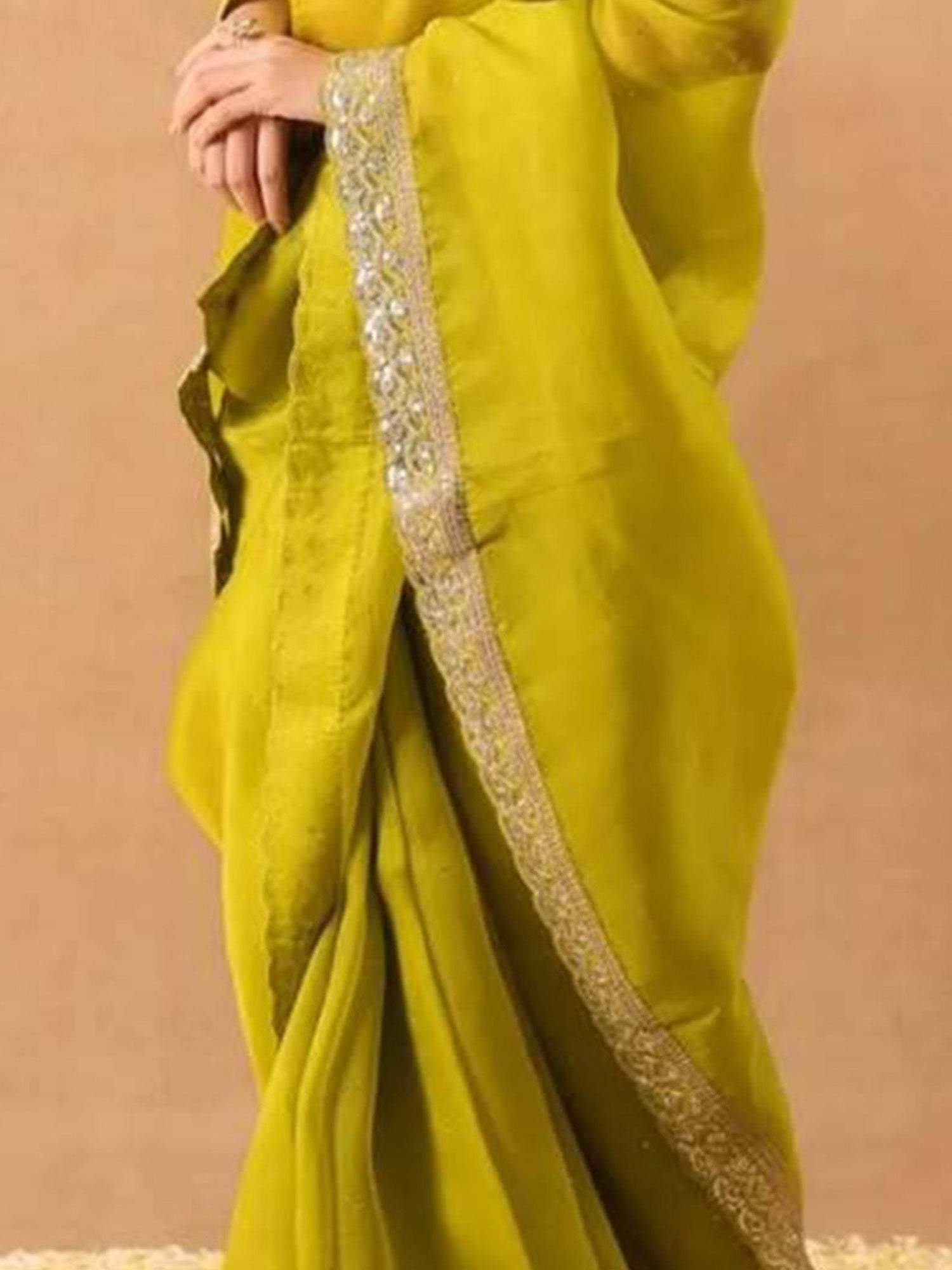 Lime Organza Saree with Gold Embroidered Border - Ressa