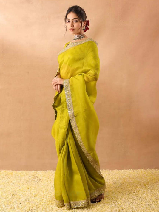 Lime Organza Saree with Gold Embroidered Border - Ressa