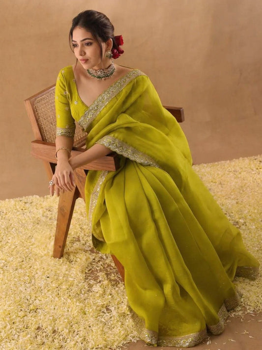 Lime Organza Saree with Gold Embroidered Border - Ressa