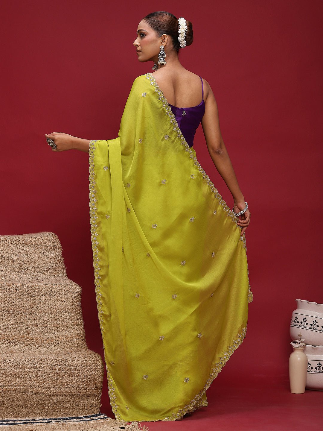 Lime Yellow Embroidered Satin Saree - Ressa