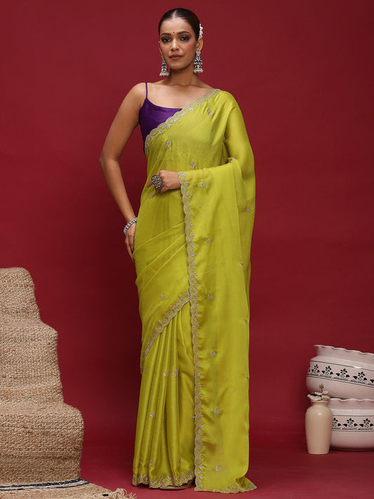 Lime Yellow Embroidered Satin Saree - Ressa
