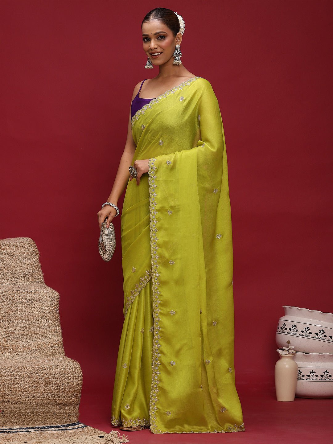 Lime Yellow Embroidered Satin Saree - Ressa