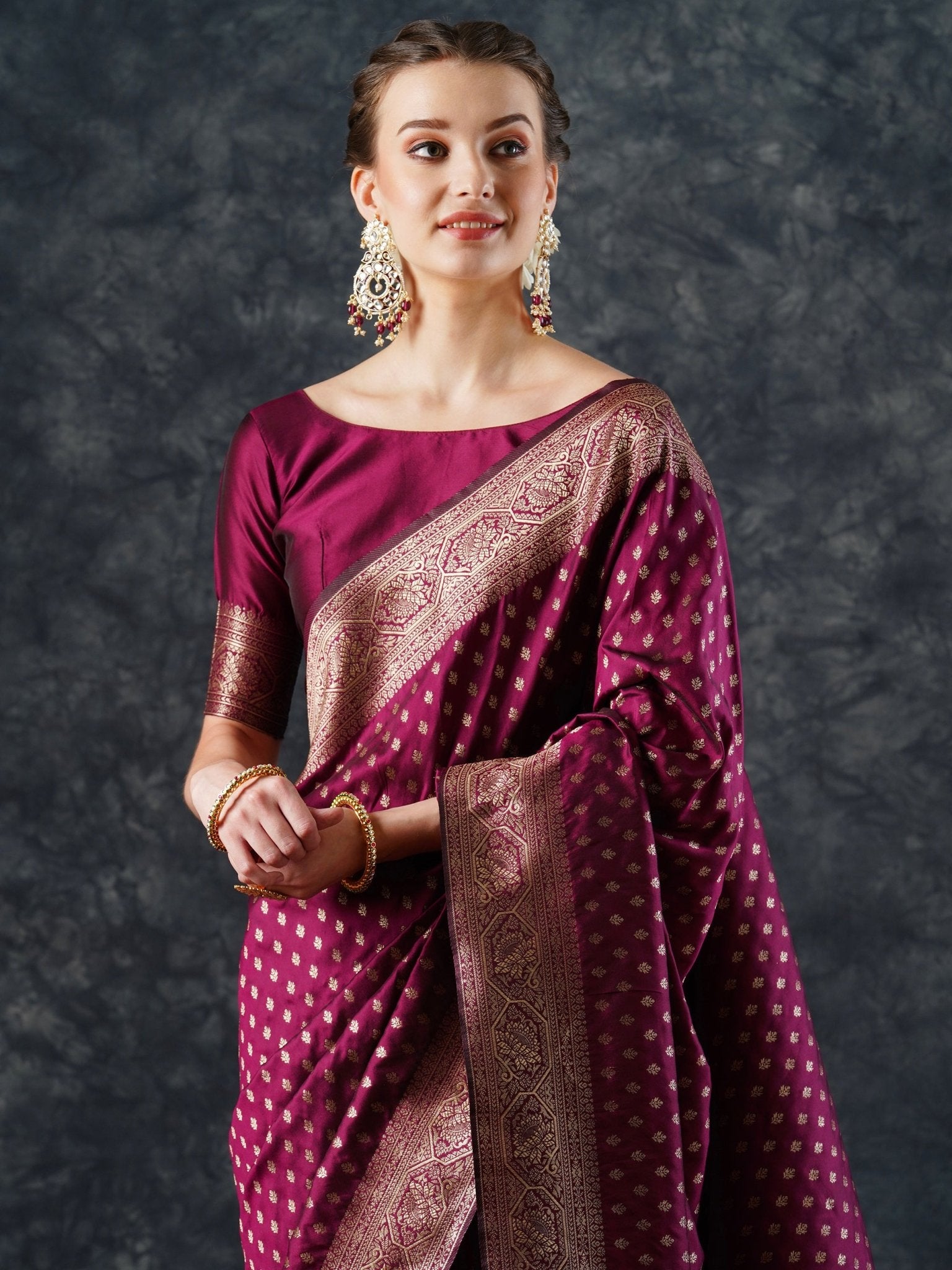 Magenta Banarasi Silk Saree with Gold Zari Bootis - Ressa