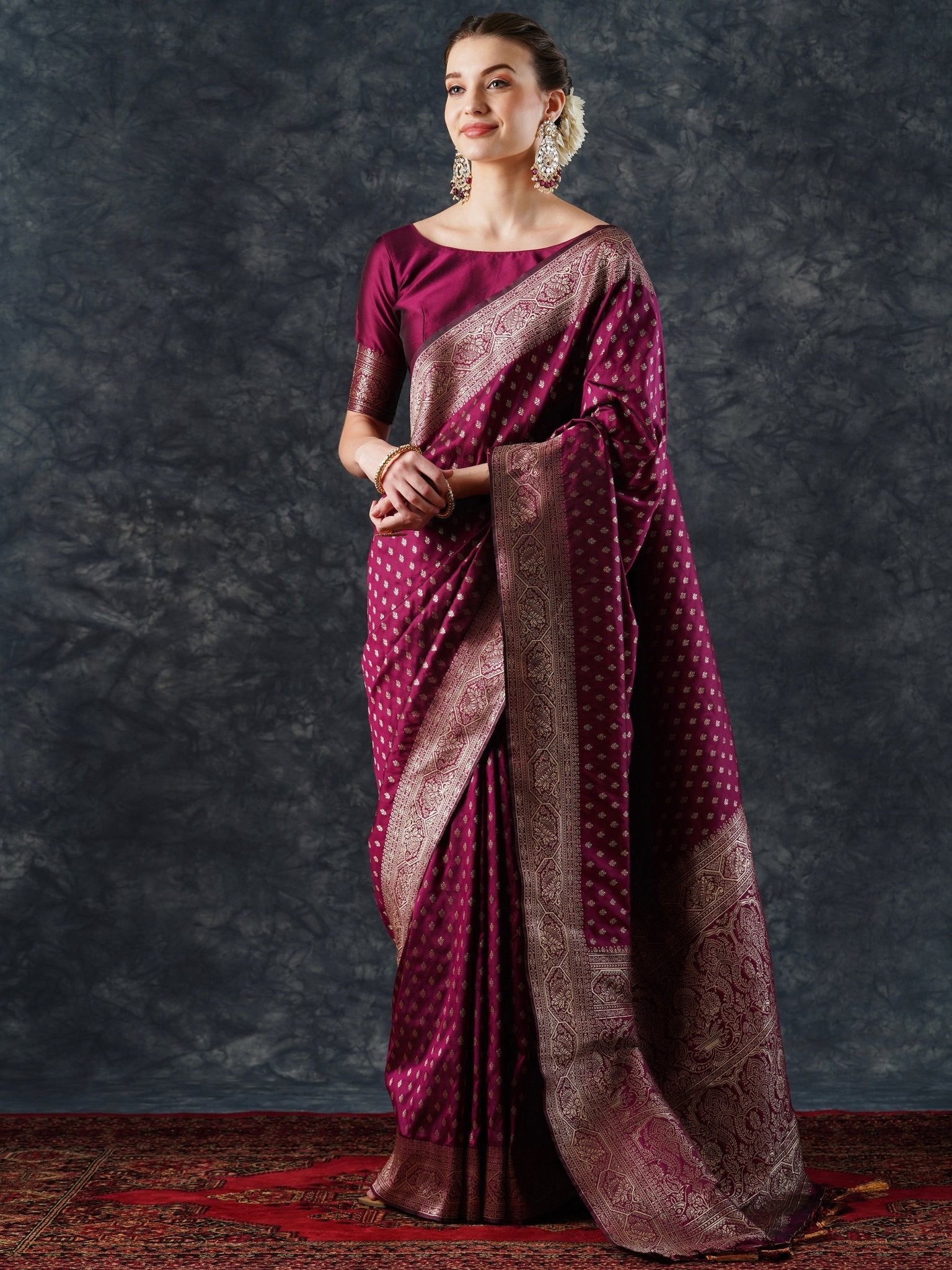 Magenta Banarasi Silk Saree with Gold Zari Bootis - Ressa