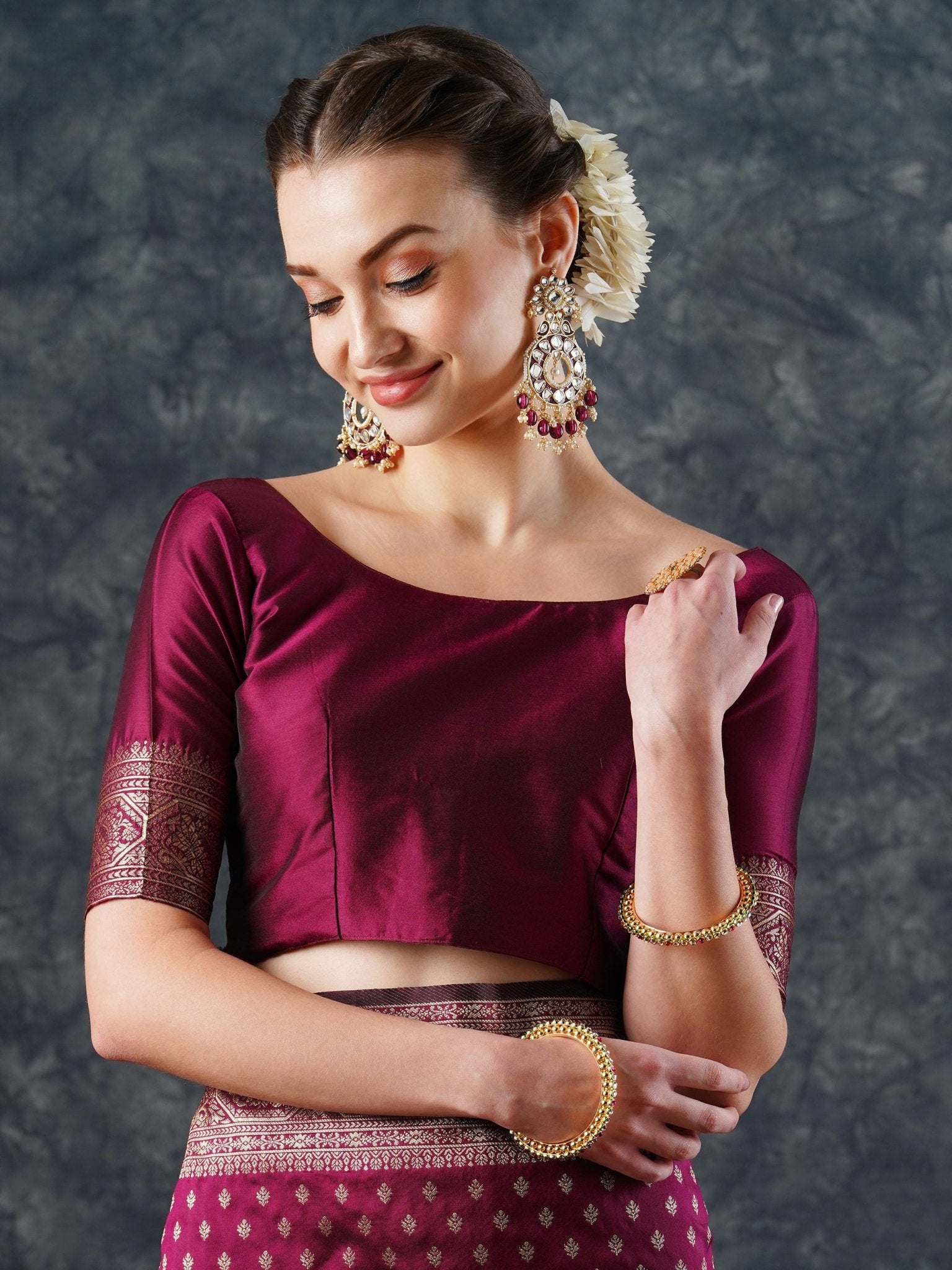 Magenta Banarasi Silk Saree with Gold Zari Bootis - Ressa