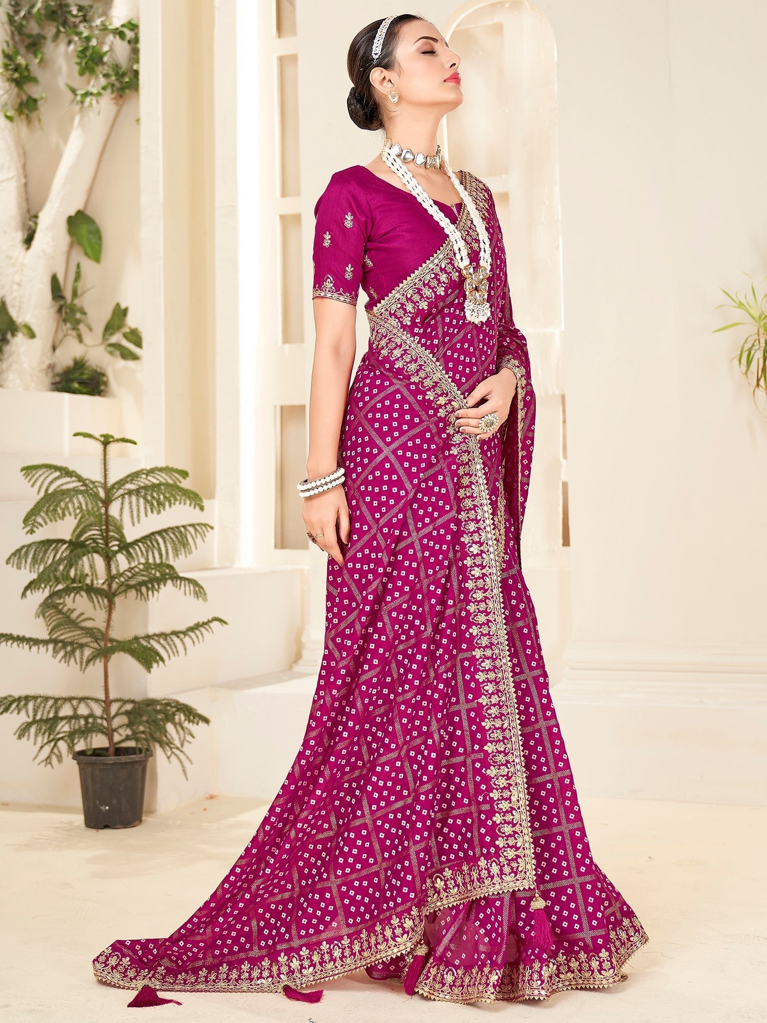 Magenta Bandhani Print Saree - Ressa
