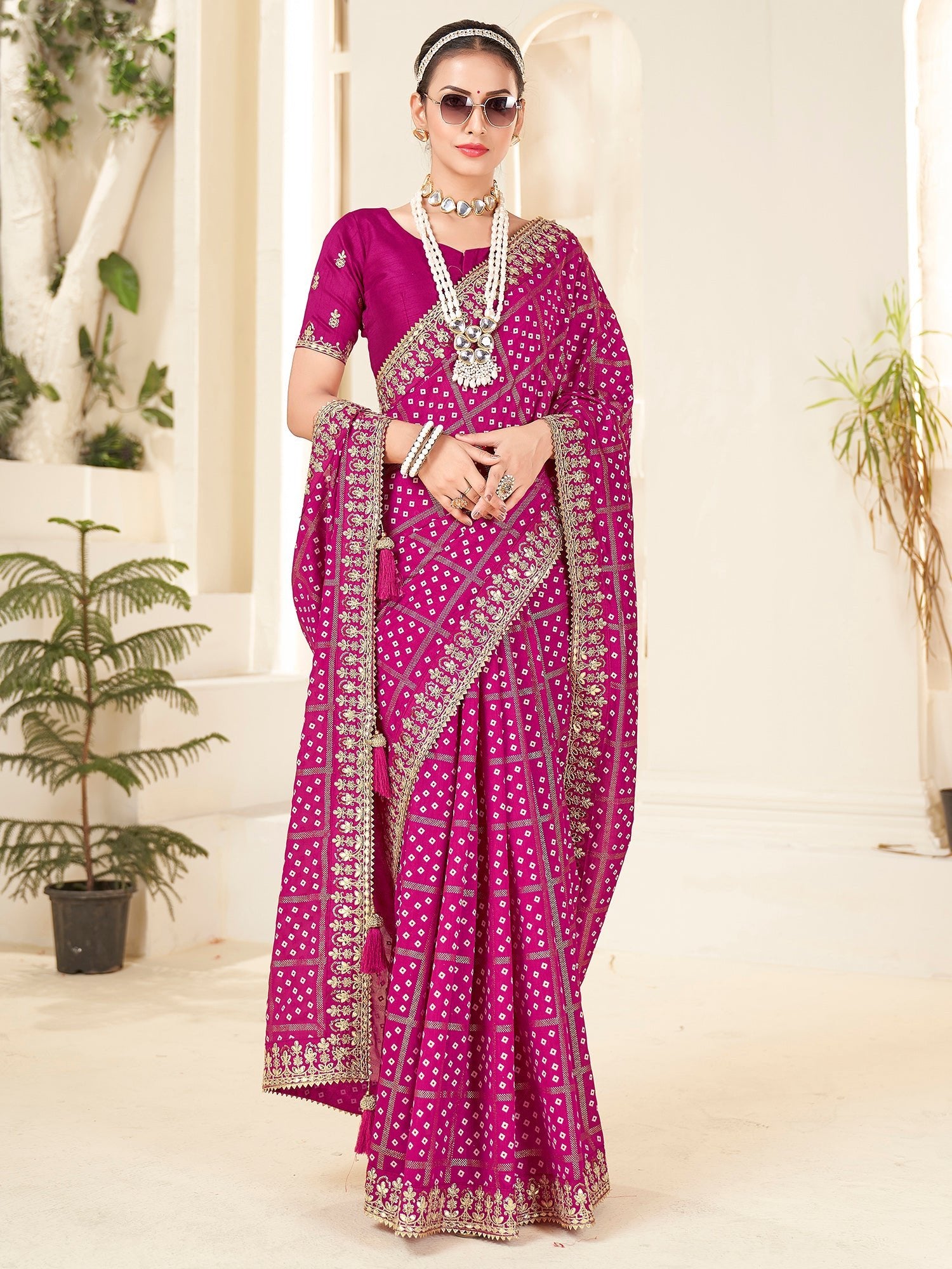 Magenta Bandhani Print Saree - Ressa