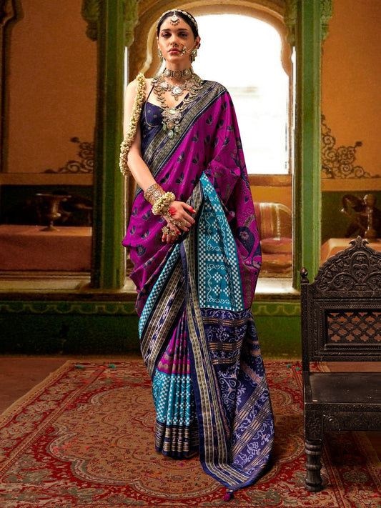 Magenta Blue Patola Print Silk Blend Zari Border Saree - Ressa