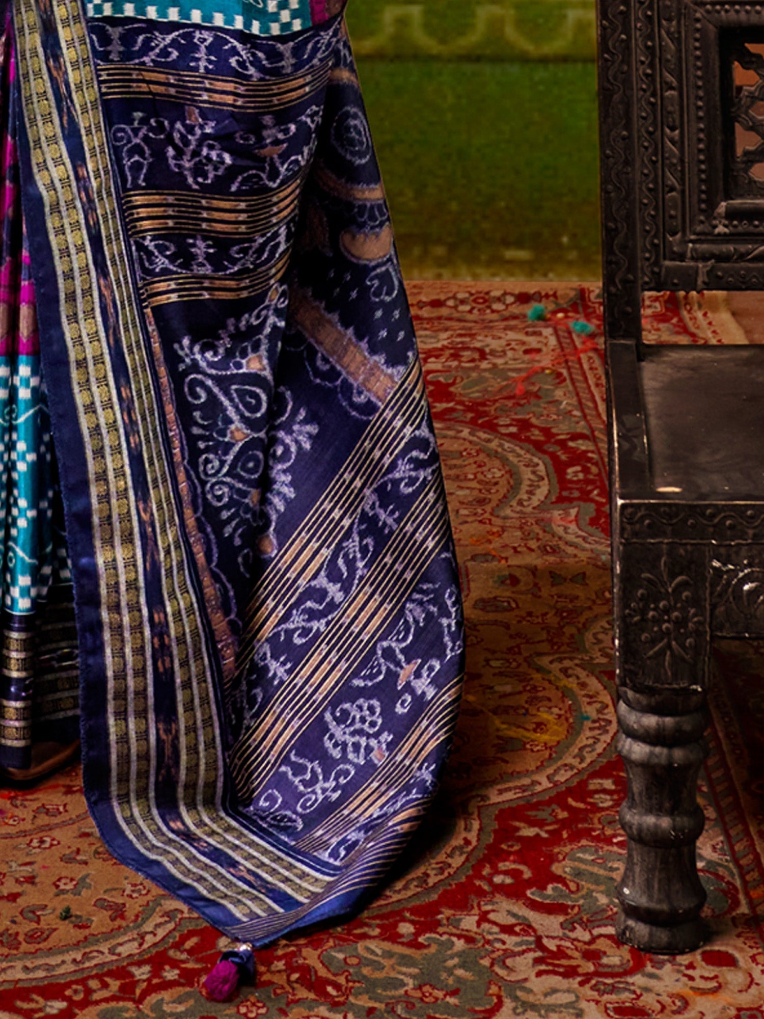 Magenta Blue Patola Print Silk Blend Zari Border Saree - Ressa