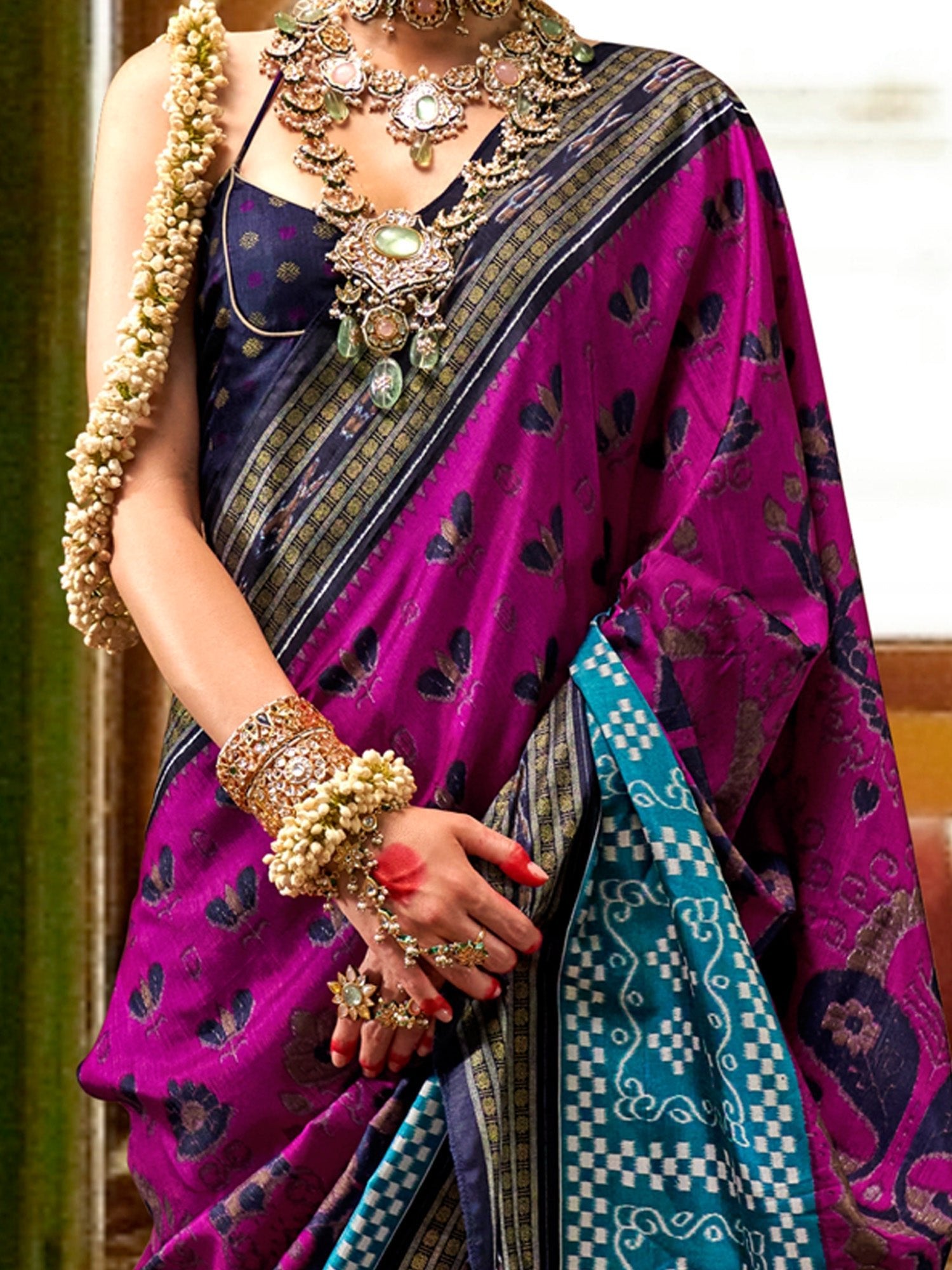 Magenta Blue Patola Print Silk Blend Zari Border Saree - Ressa