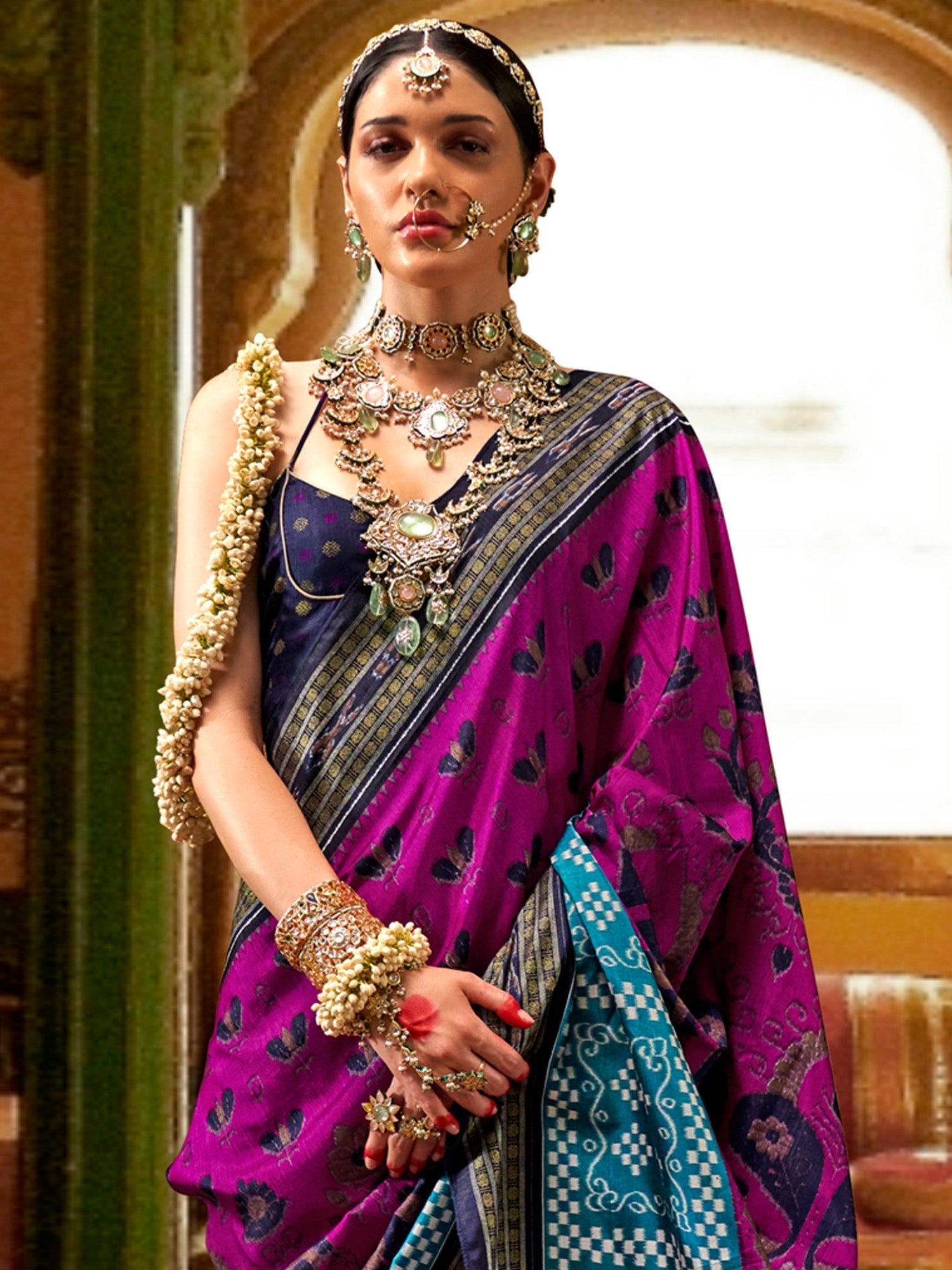 Magenta Blue Patola Print Silk Blend Zari Border Saree - Ressa