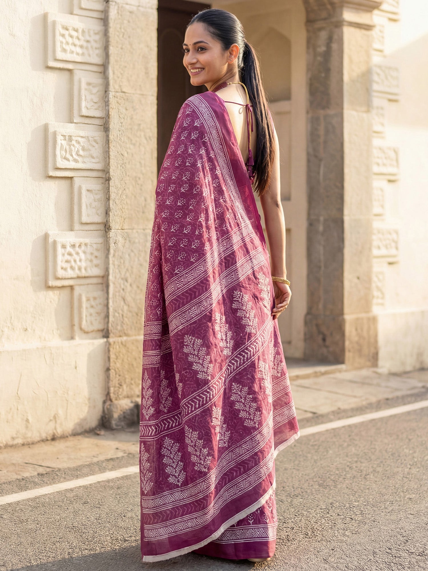 Magenta Cotton Blend Printed Saree - Ressa