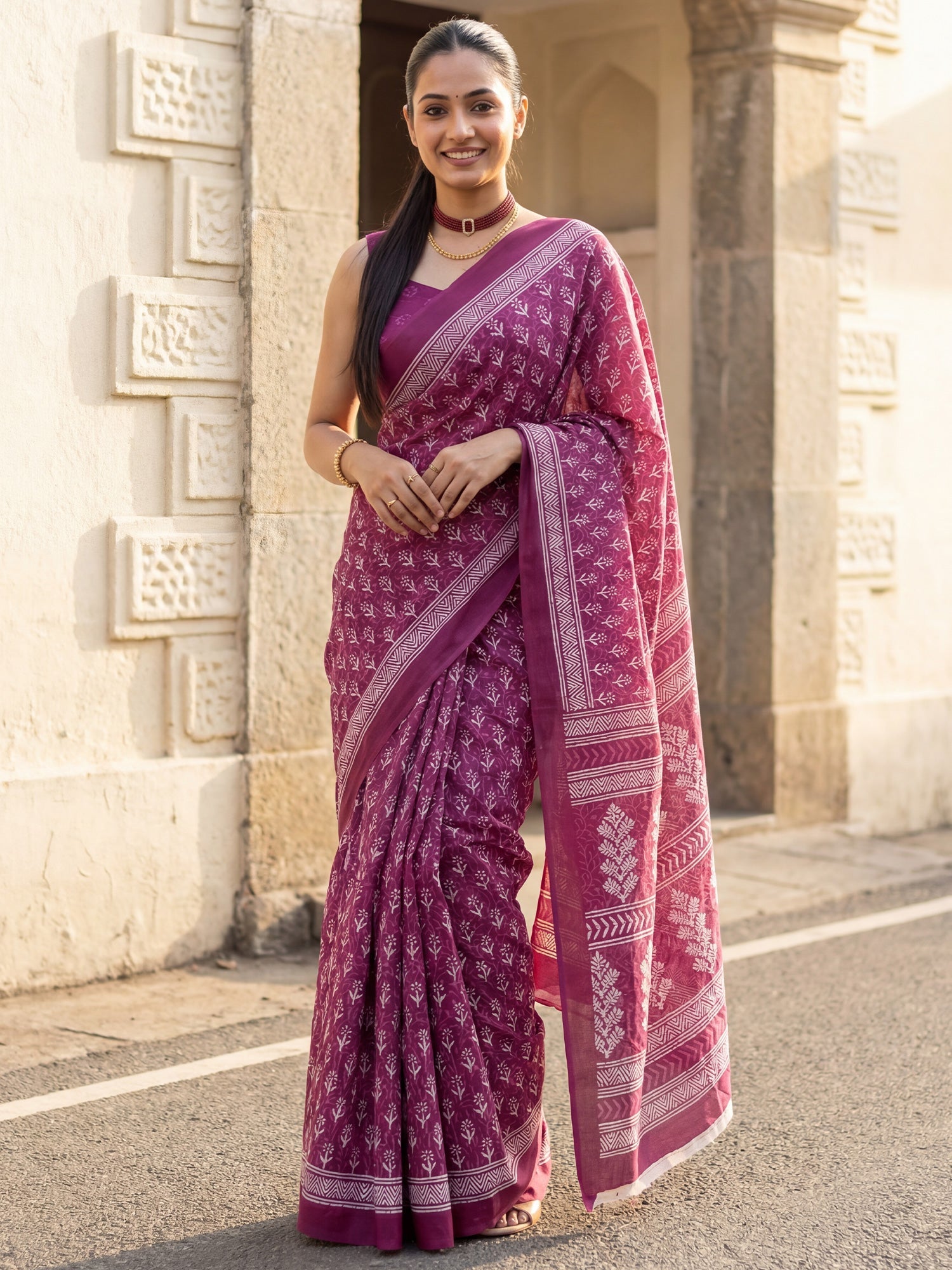 Magenta Cotton Blend Printed Saree - Ressa