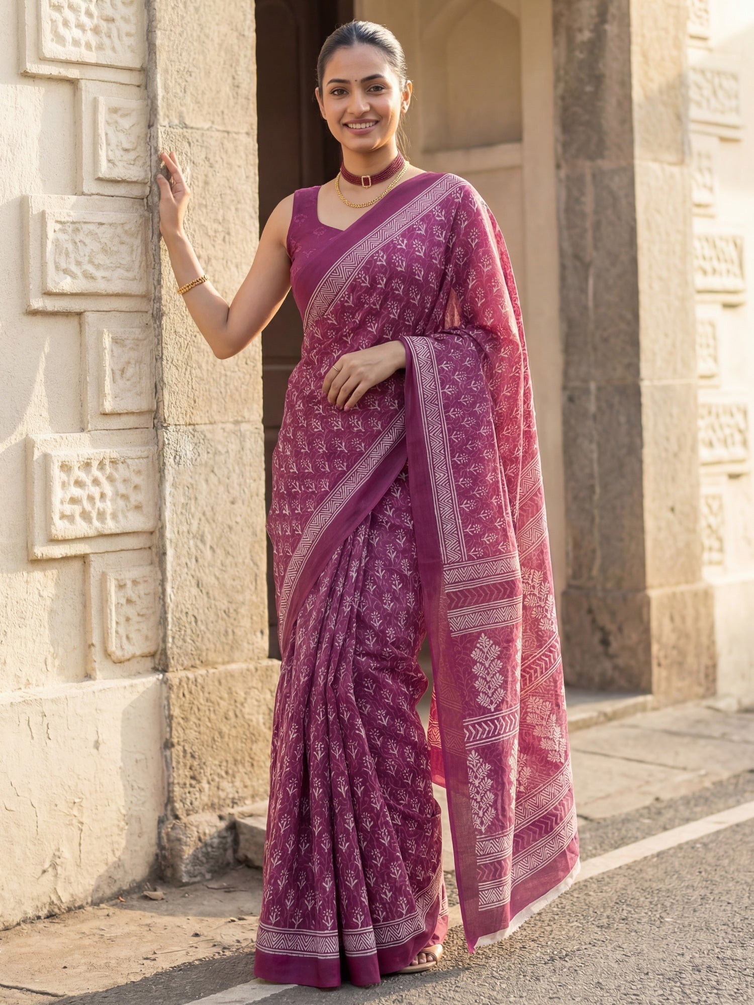 Magenta Cotton Blend Printed Saree - Ressa