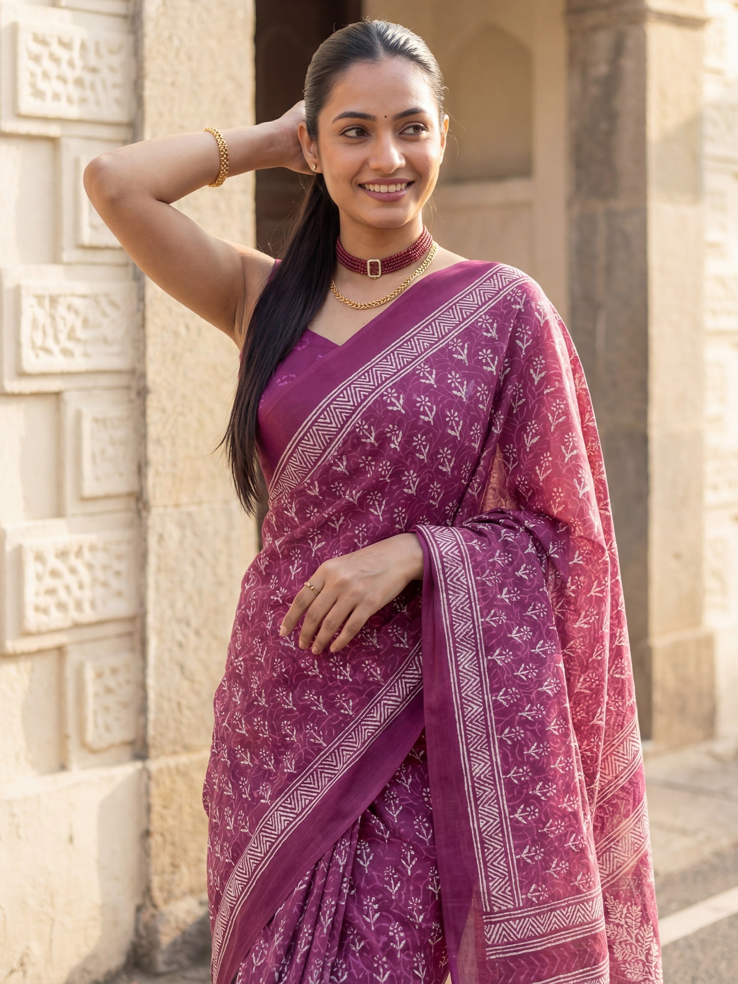 Magenta Cotton Blend Printed Saree - Ressa