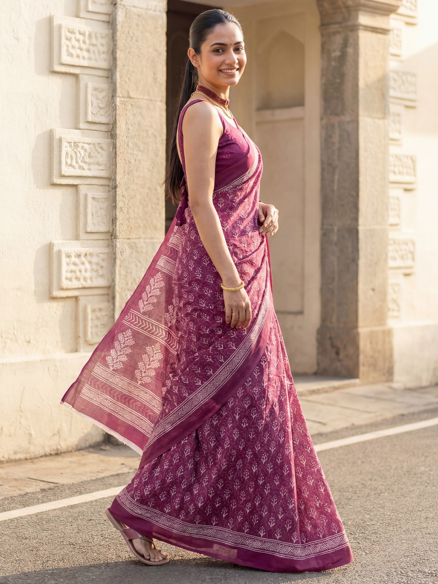 Magenta Cotton Blend Printed Saree - Ressa