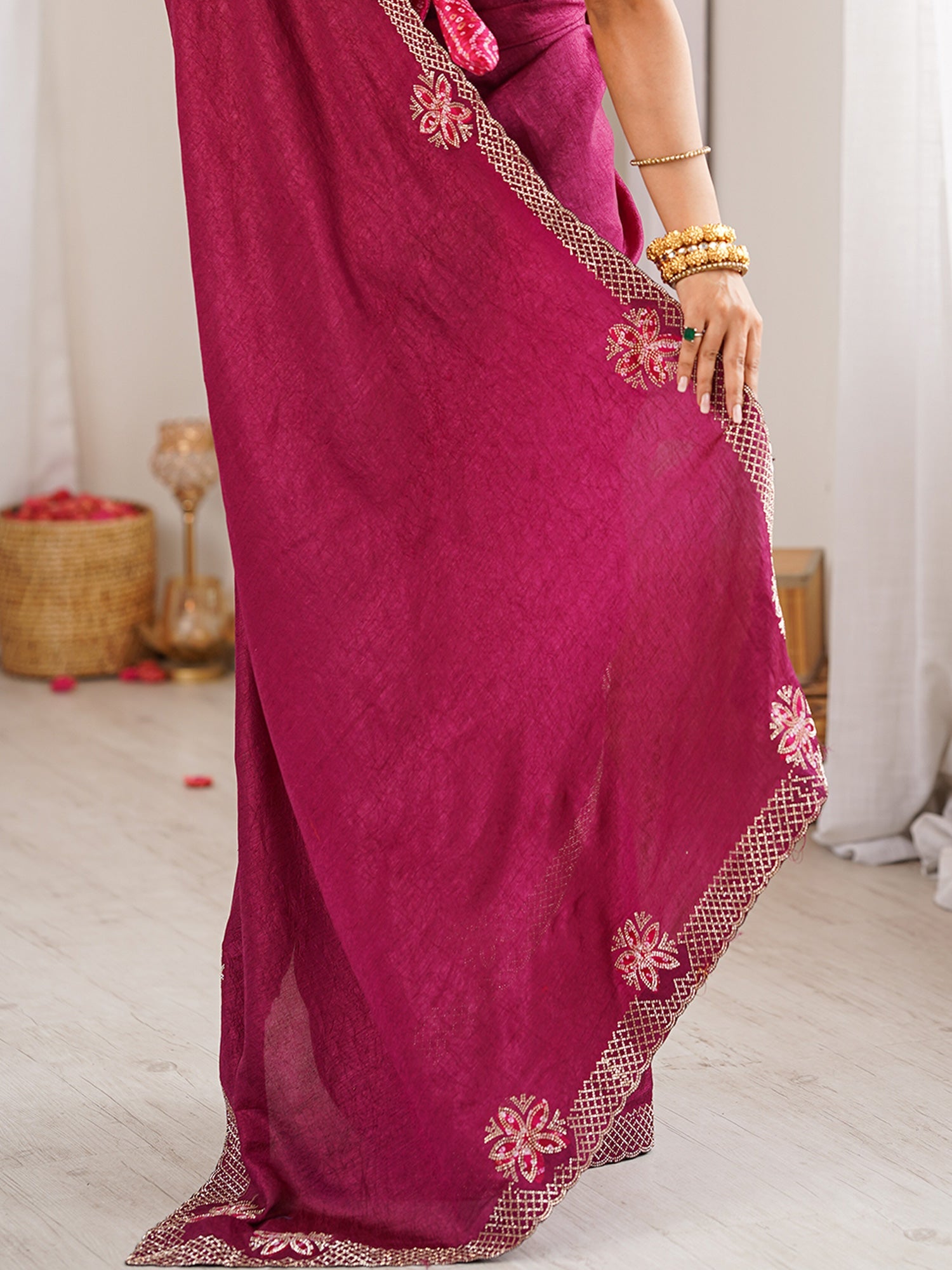 Magenta Dola Silk Saree with Embroidered Floral Border - Ressa