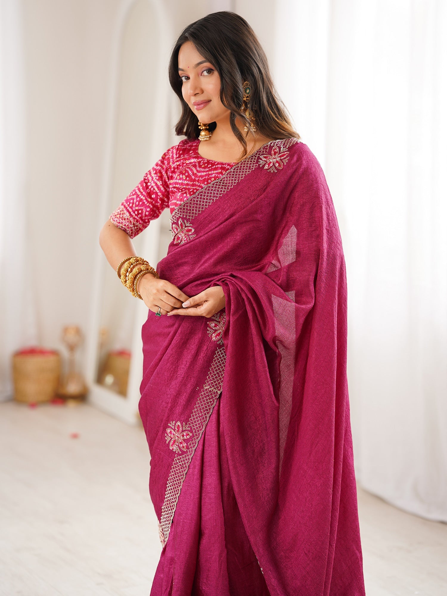 Magenta Dola Silk Saree with Embroidered Floral Border - Ressa