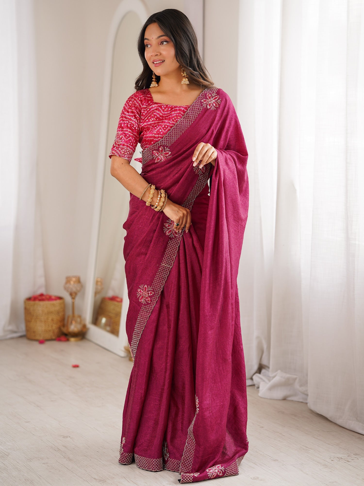 Magenta Dola Silk Saree with Embroidered Floral Border - Ressa