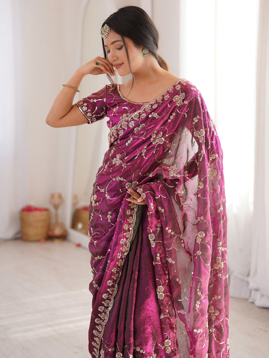 Magenta Embroidered Organza Saree with Cutwork Border - Ressa