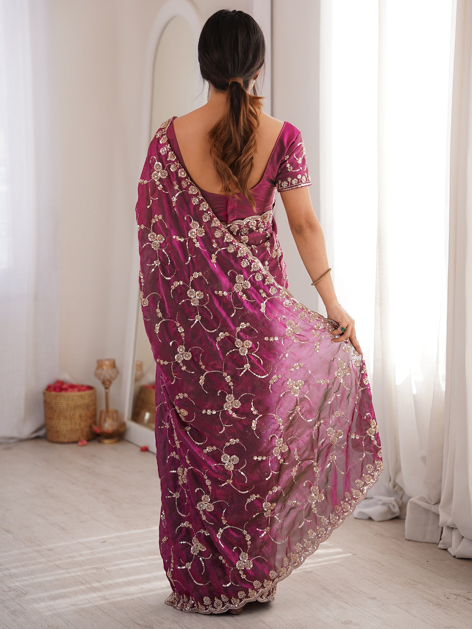 Magenta Embroidered Organza Saree with Cutwork Border - Ressa
