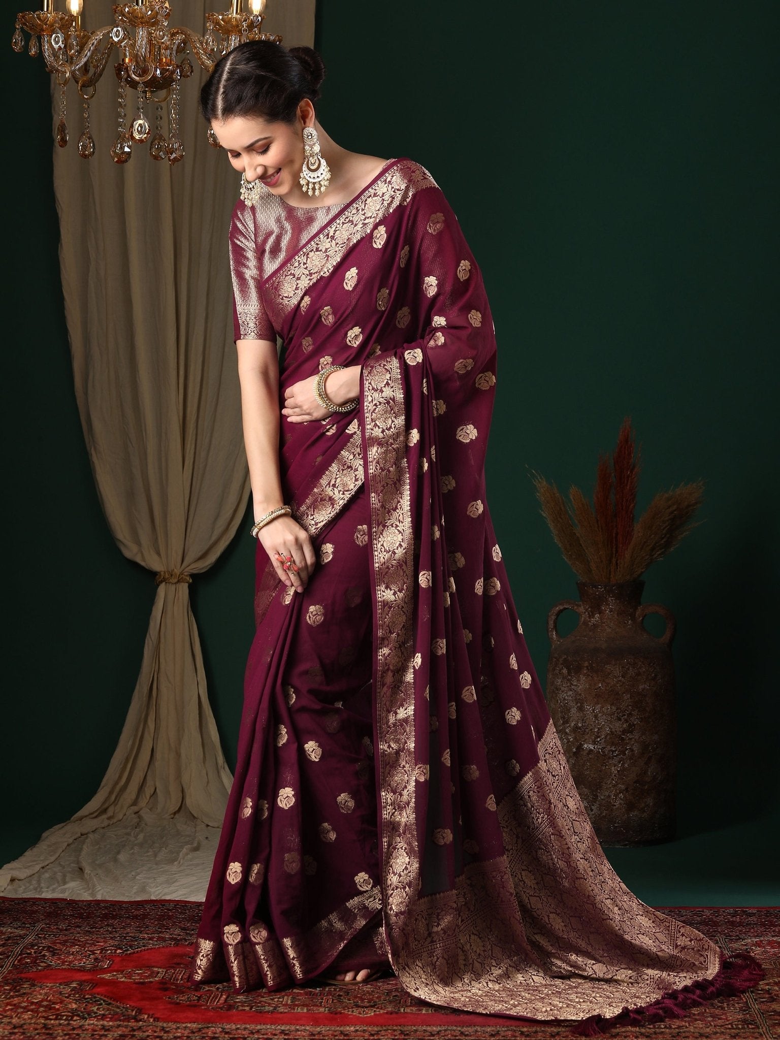 Magenta Floral Butti Georgette Saree - Ressa