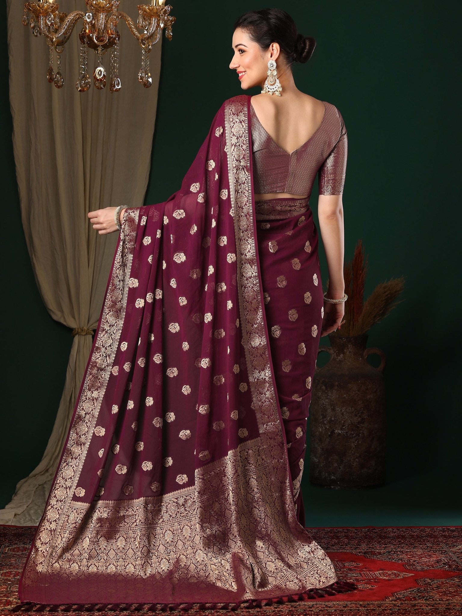 Magenta Floral Butti Georgette Saree - Ressa