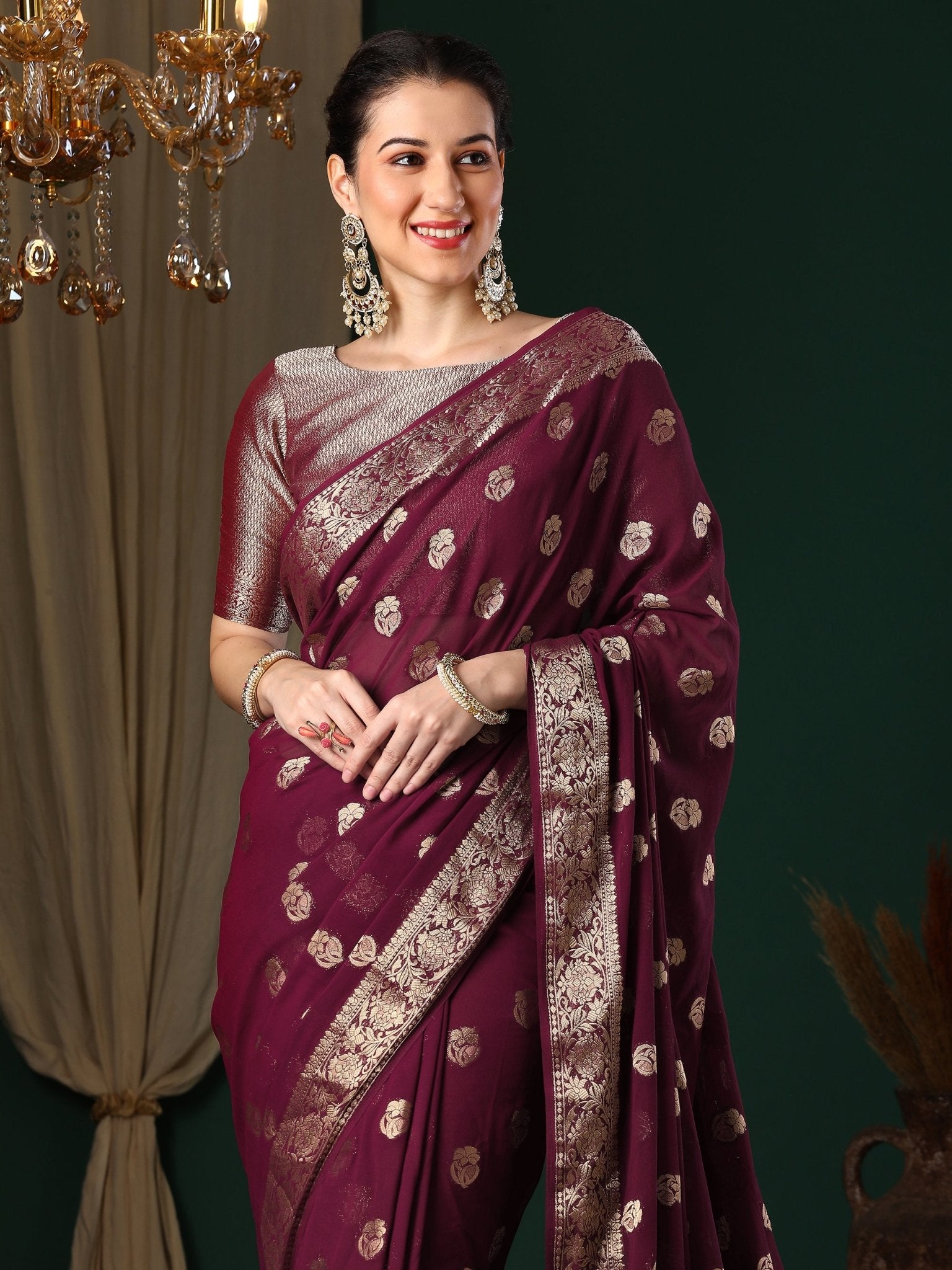 Magenta Floral Butti Georgette Saree - Ressa