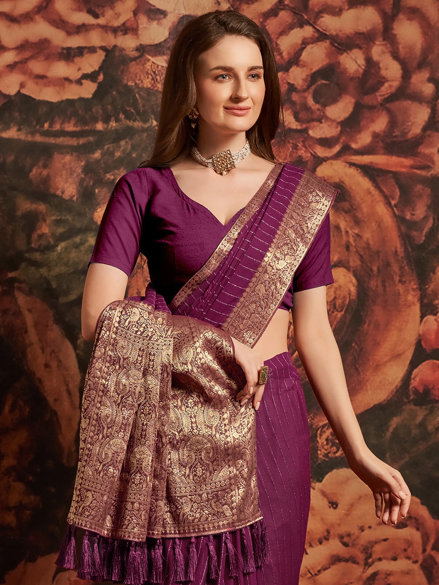 Magenta Floral Georgette Saree - Ressa