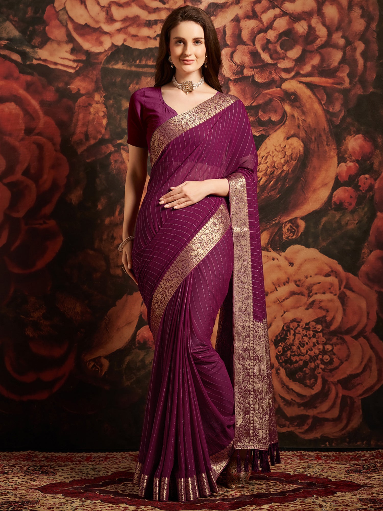 Magenta Floral Georgette Saree - Ressa