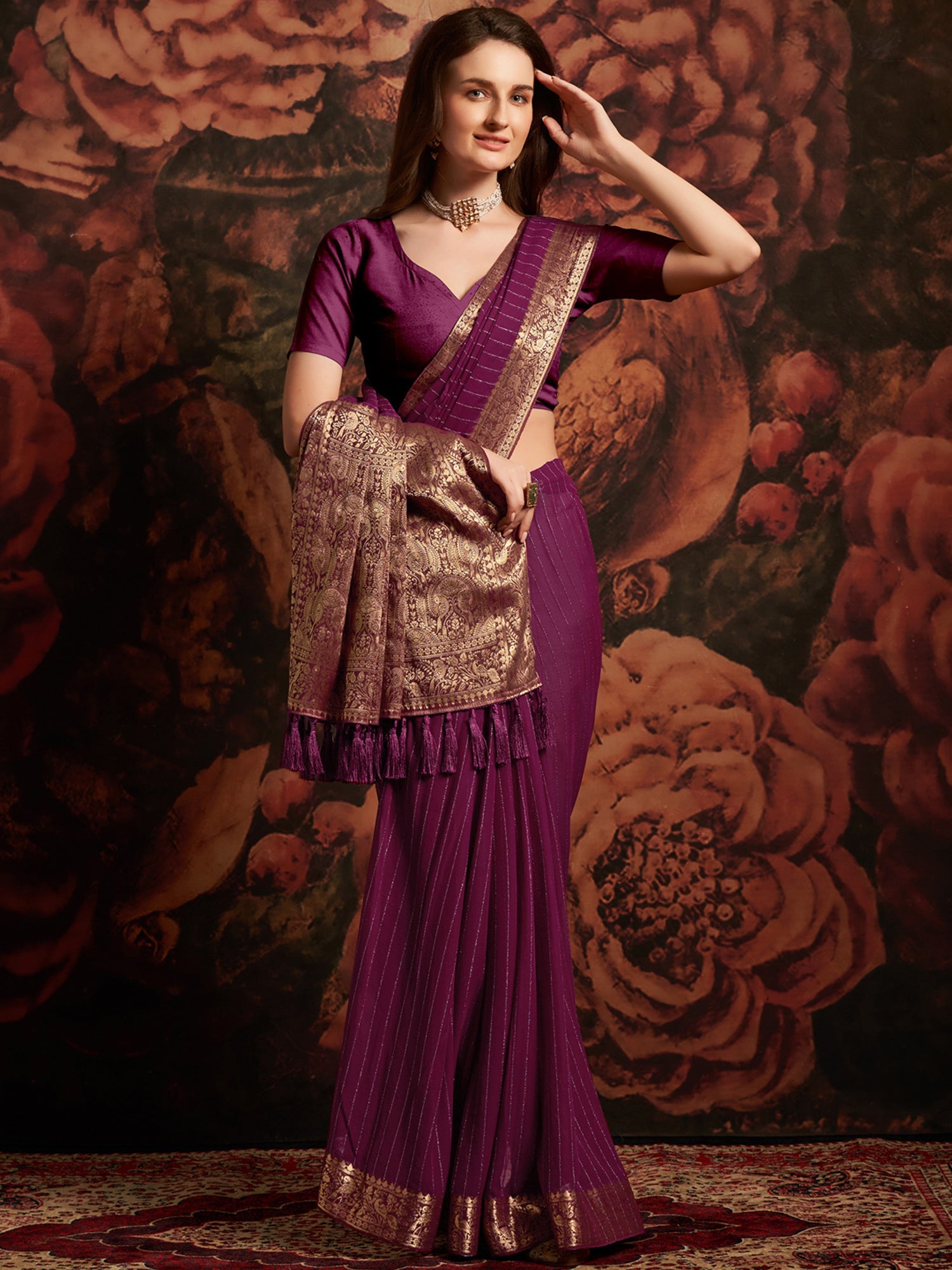 Magenta Floral Georgette Saree - Ressa