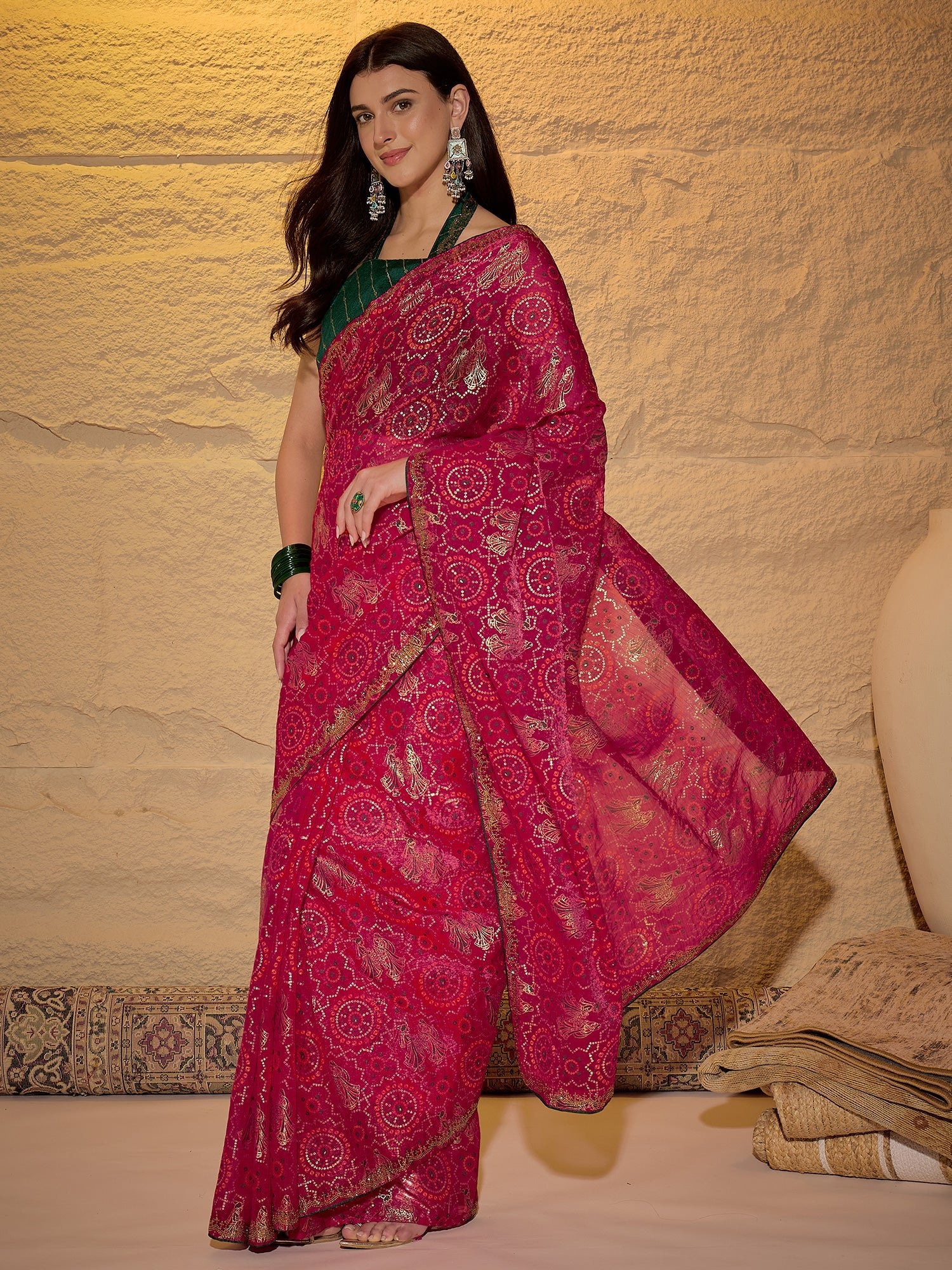 Magenta Georgette Saree with Bandhani Digital Print - Ressa