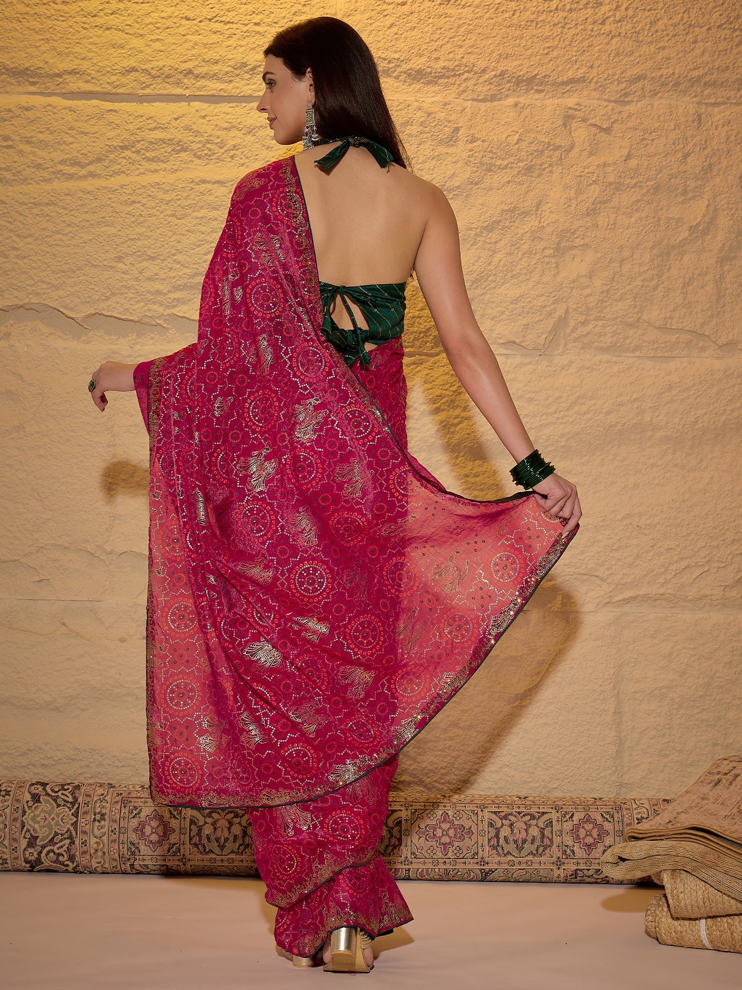 Magenta Georgette Saree with Bandhani Digital Print - Ressa
