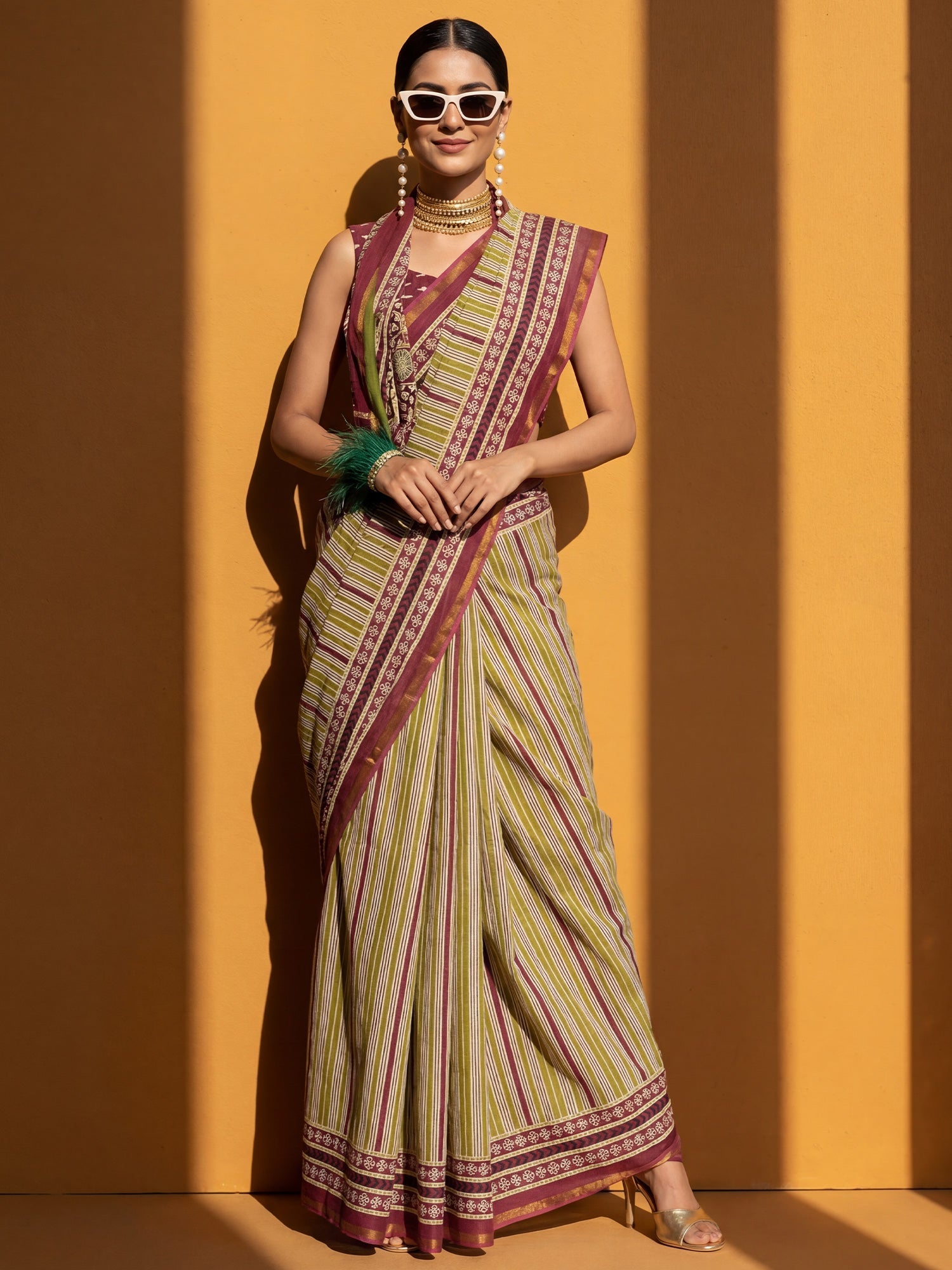 Magenta & Green striped Saree - Ressa