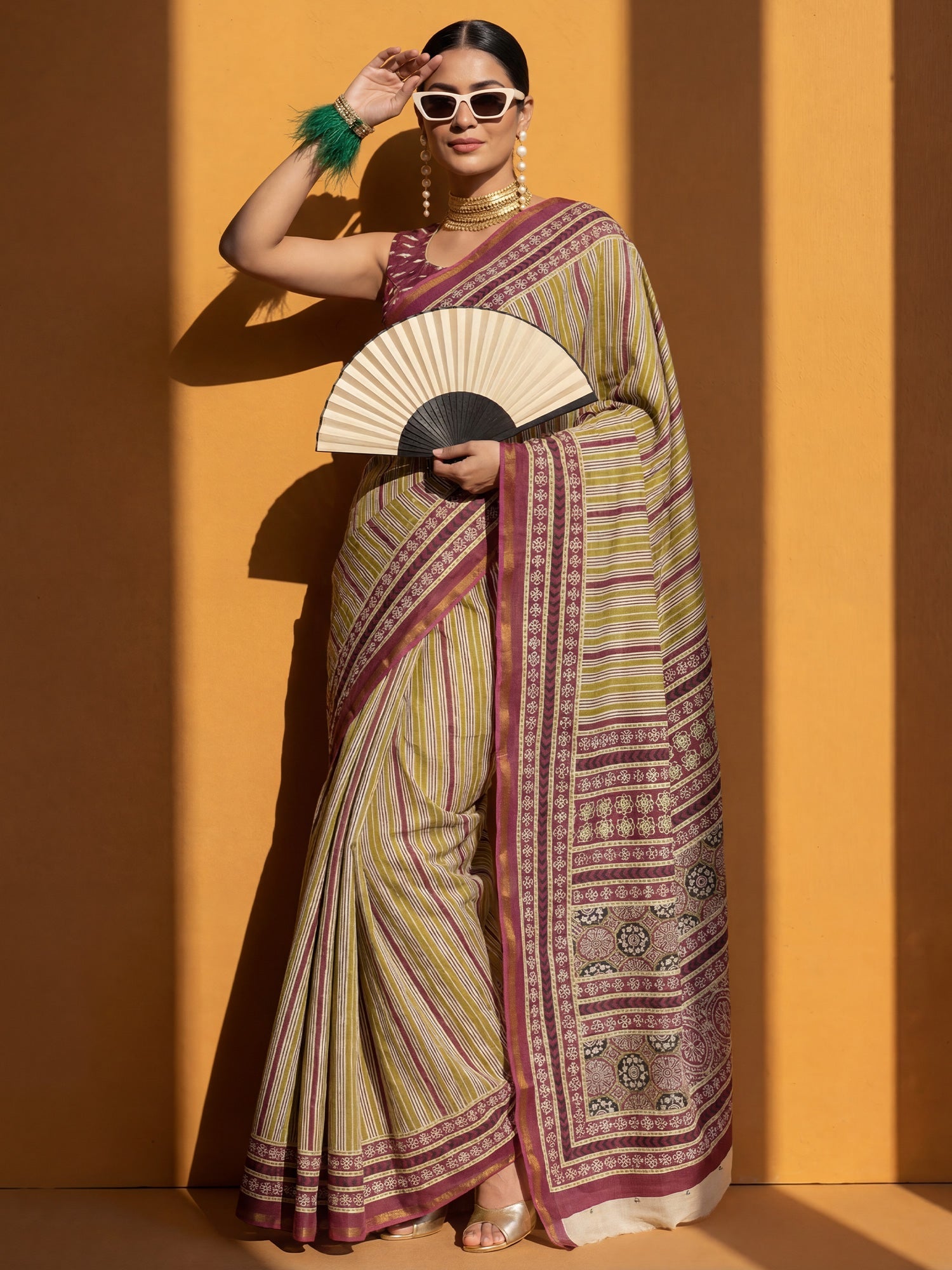 Magenta & Green striped Saree - Ressa