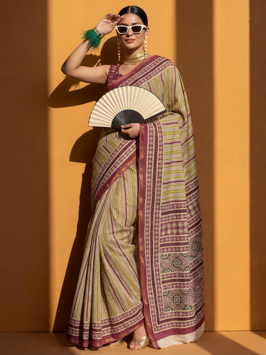 Magenta & Green striped Saree - Ressa