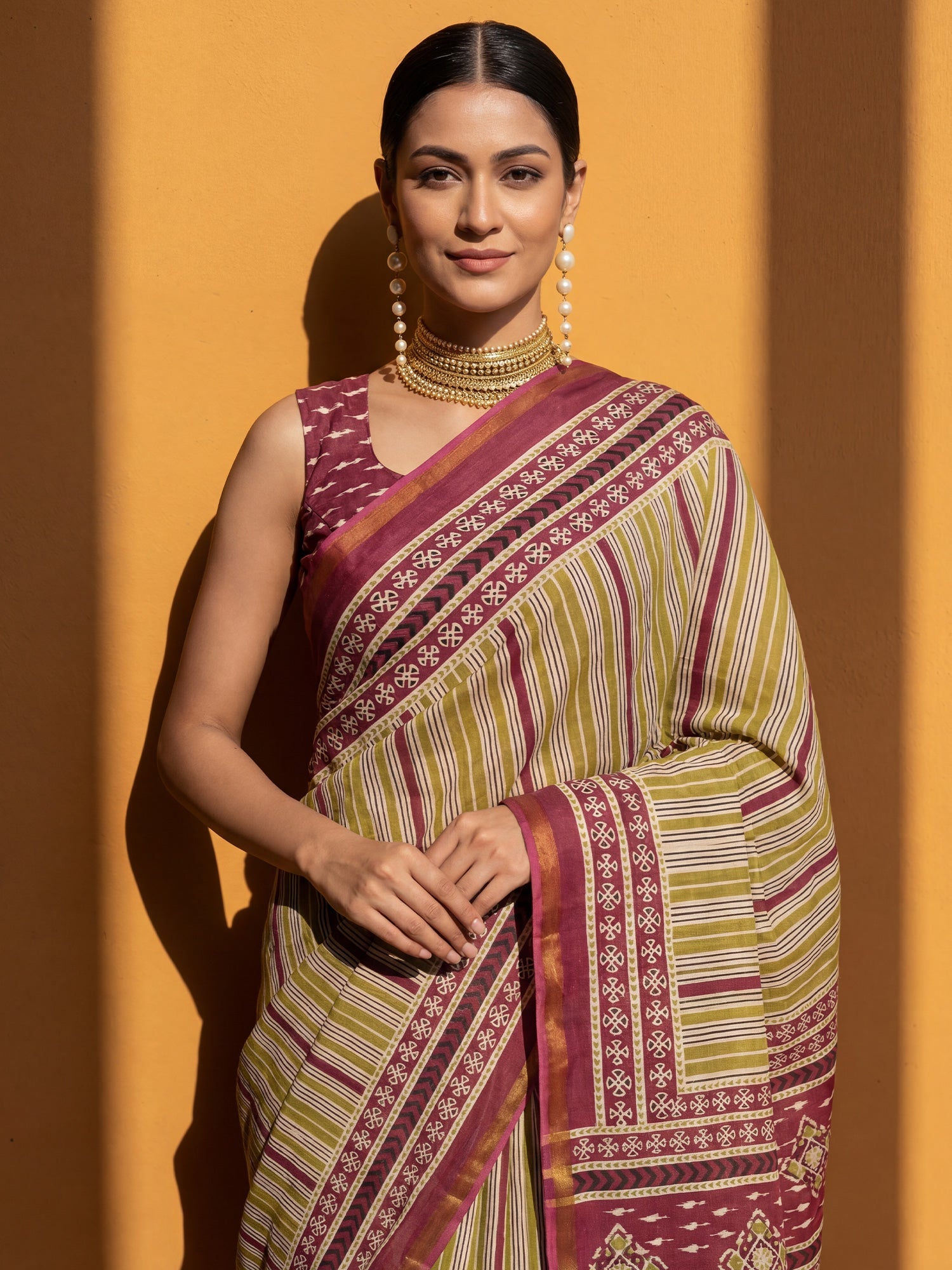 Magenta & Green striped Saree - Ressa